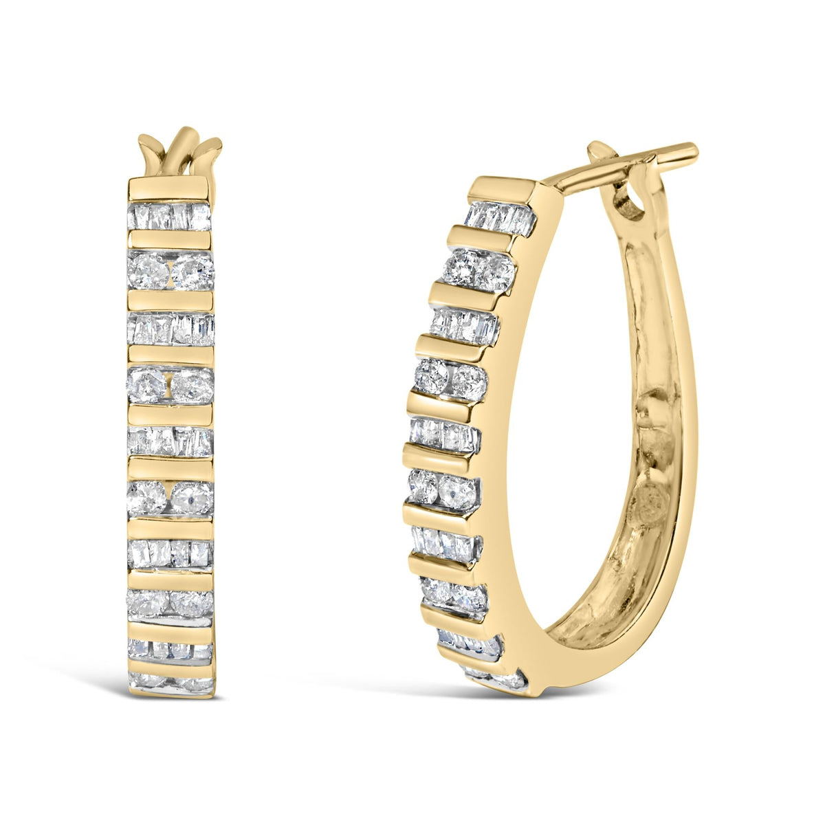 10K Yellow Gold 1.0 Cttw Alternating Diamond "U" Hoop Earrings (I-J Color, I2-I3 Clarity)