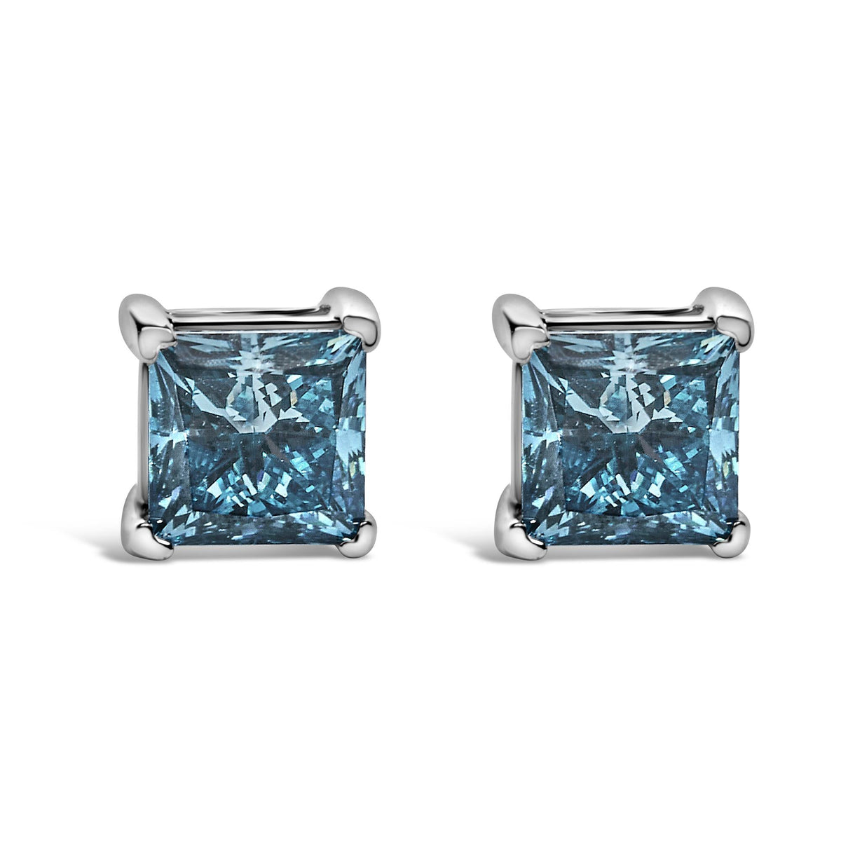 14K White Gold 1.0 Cttw Princess Cut Lab Grown Blue Diamond Solitaire Stud Earrings
