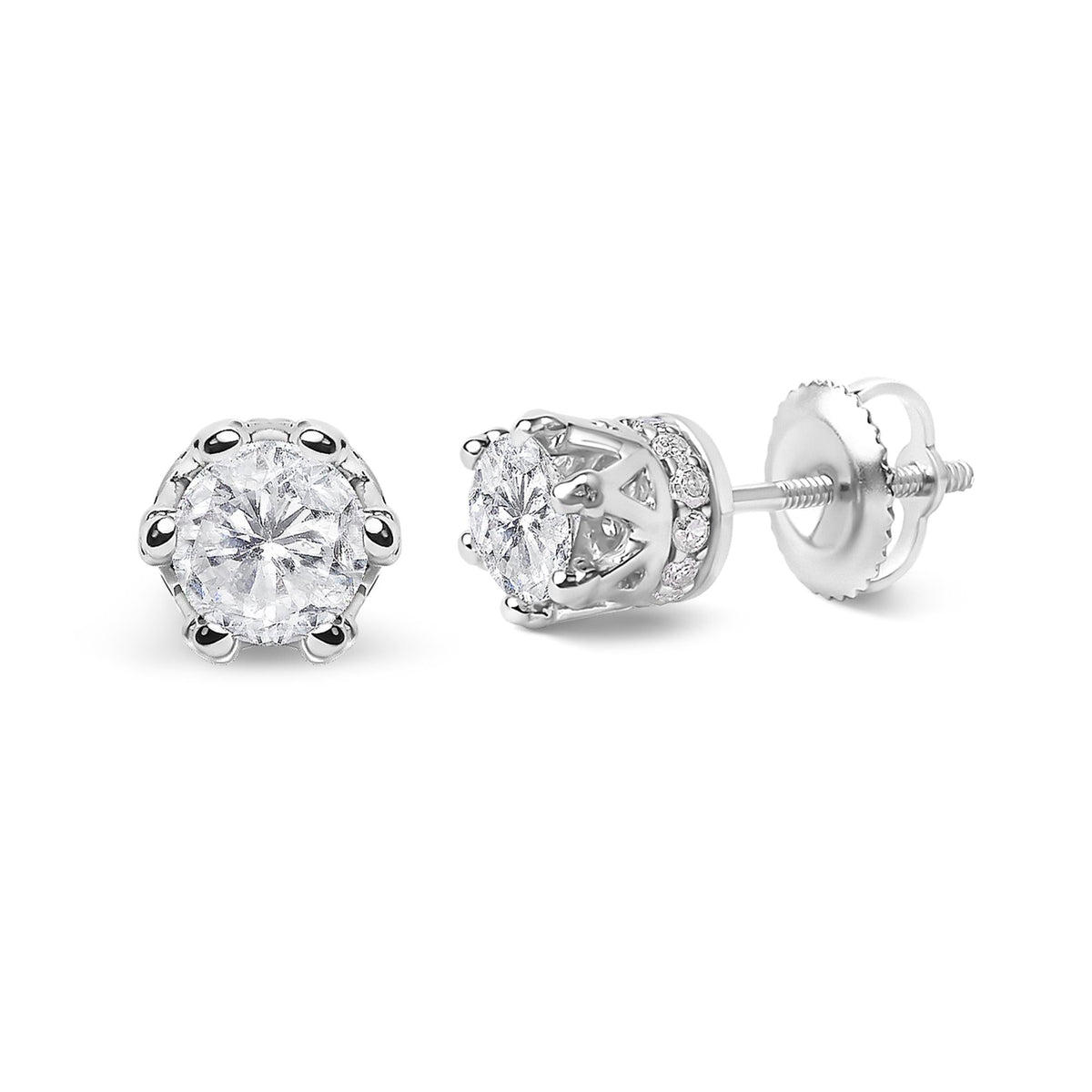 14K White Gold 1.0 Cttw Round Cut Prong-Set Diamond Crown Stud Earring (I-J Color, I1-I2 Clarity)