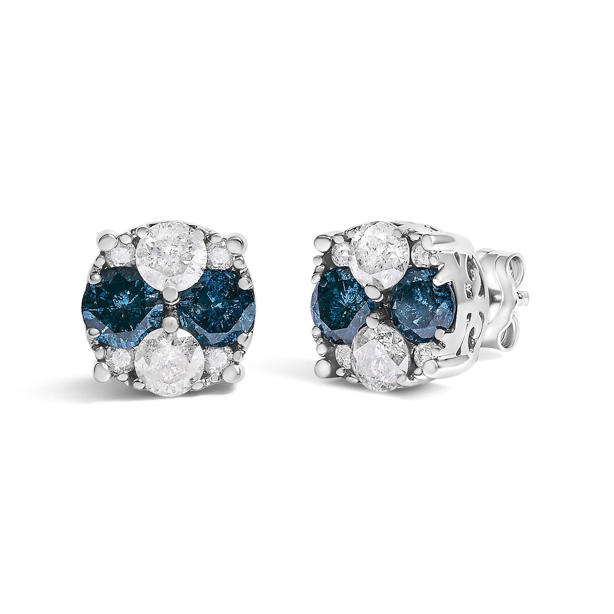 .925 Sterling Silver 2.0 Cttw Blue Diamond Composite Cluster Stud Earring