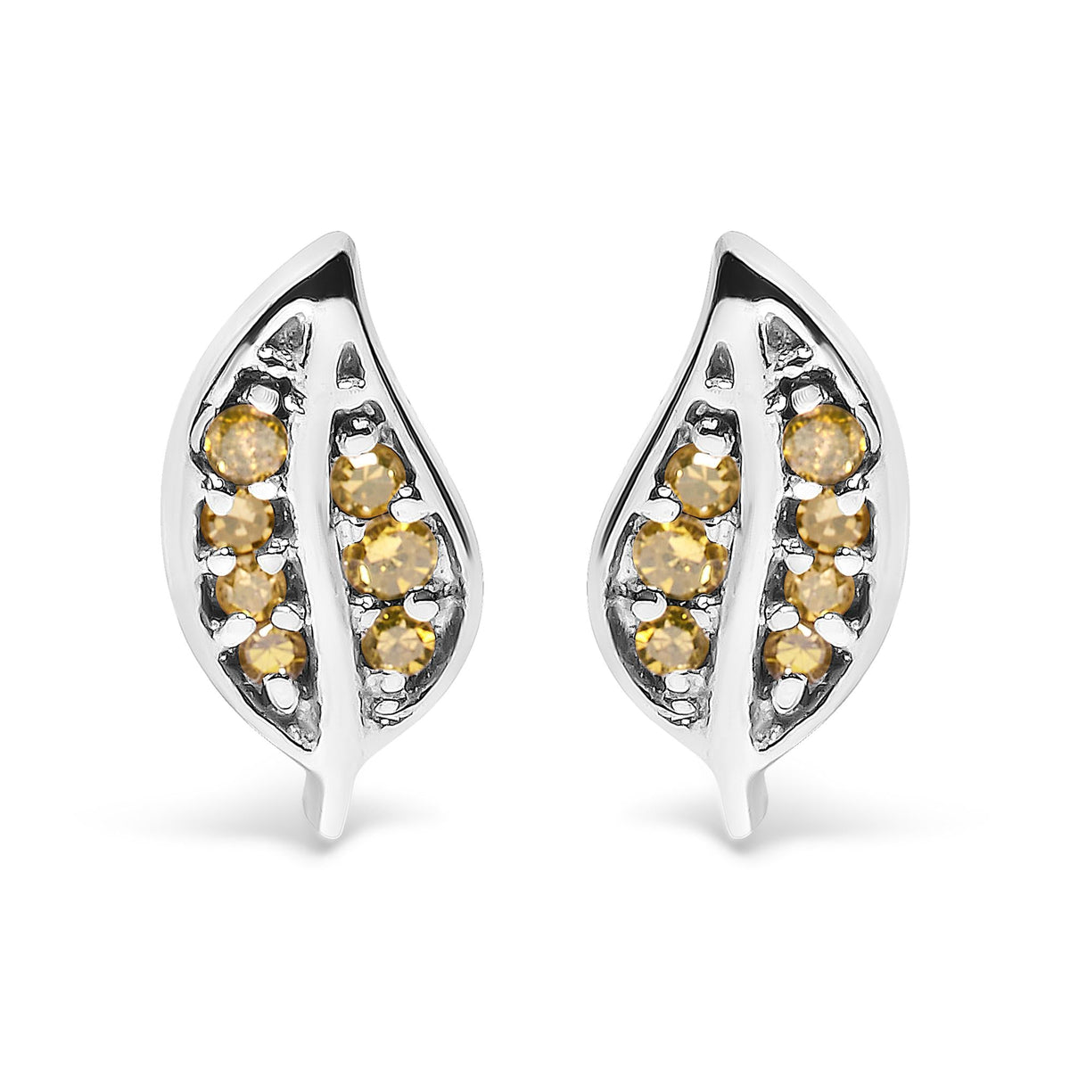 .925 Sterling Silver Yellow Diamond Accent Leaf Stud Earrings (Yellow Color, SI1-SI2 Clarity)