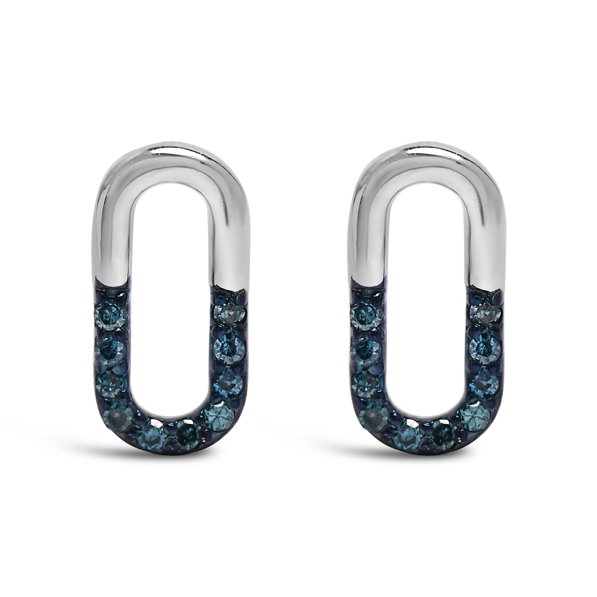 925 Sterling Silver 1/10 Blue Diamond Diamond Paperclip Stud Earrings (Blue, SI1-SI2 Clarity)