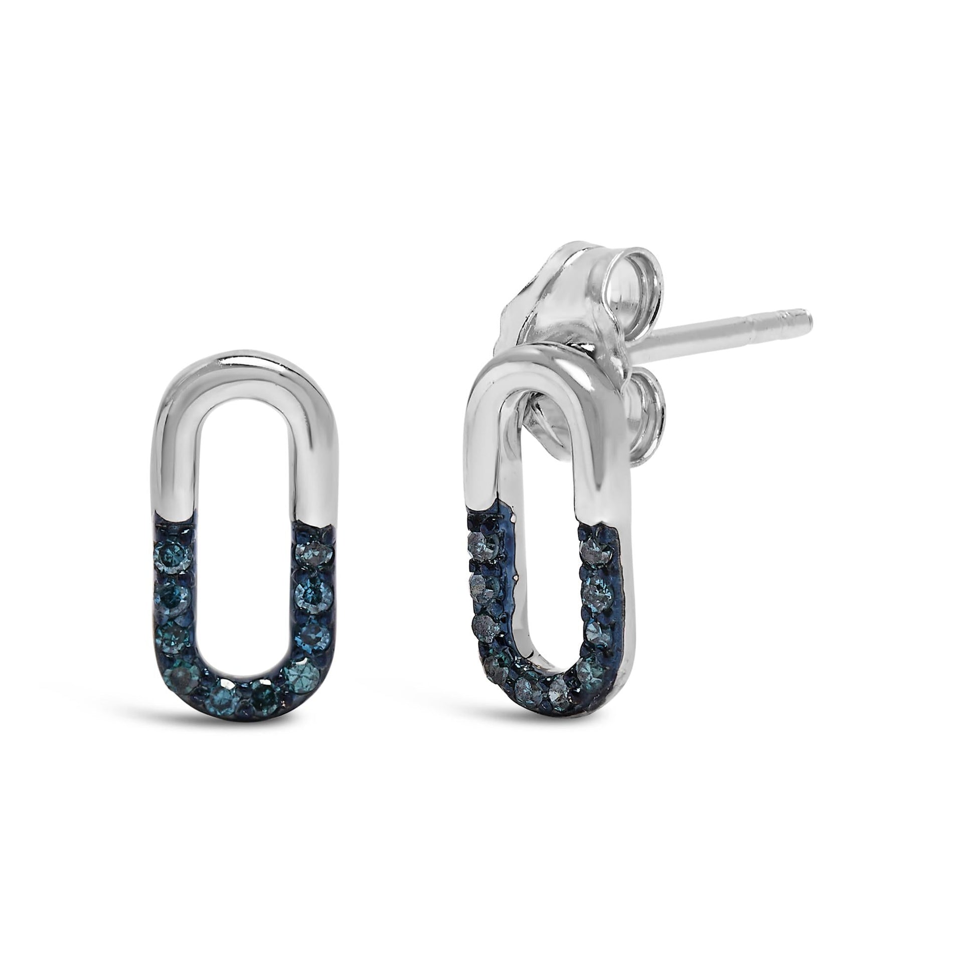 925 Sterling Silver 1/10 Blue Diamond Diamond Paperclip Stud Earrings (Blue, SI1-SI2 Clarity)