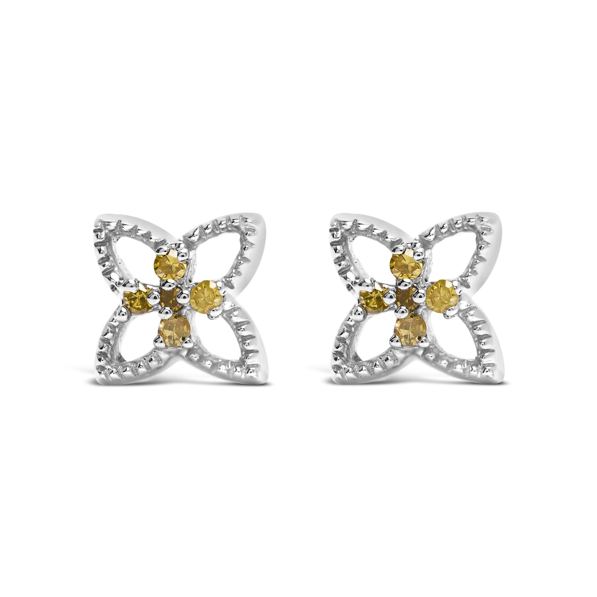 925 Sterling Silver Yellow Diamond Accent 4 Petal Flower Stud Earring (Yellow Color, SI1-SI2 Clarity)