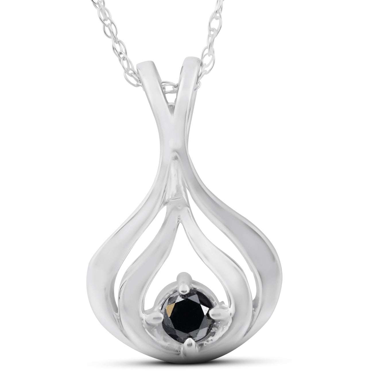 Solitaire Round Black Diamond Pendant & 18' Chain 10K White Gold