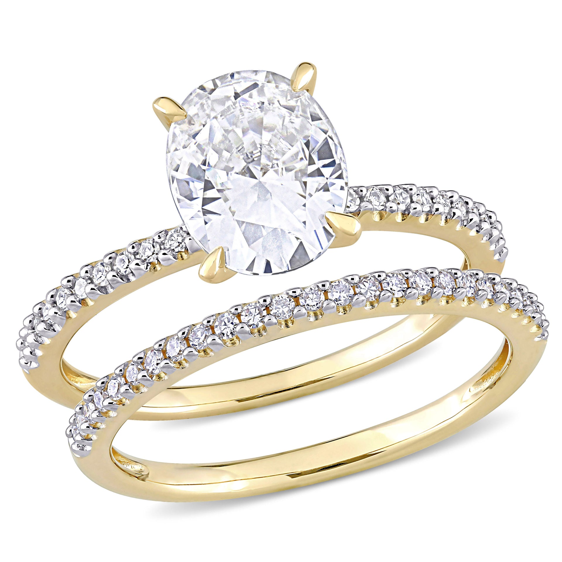 2 ct DEW Oval Created Moissanite and 1/4 ct TW Diamond Bridal Ring Set in 14k Yellow Gold
