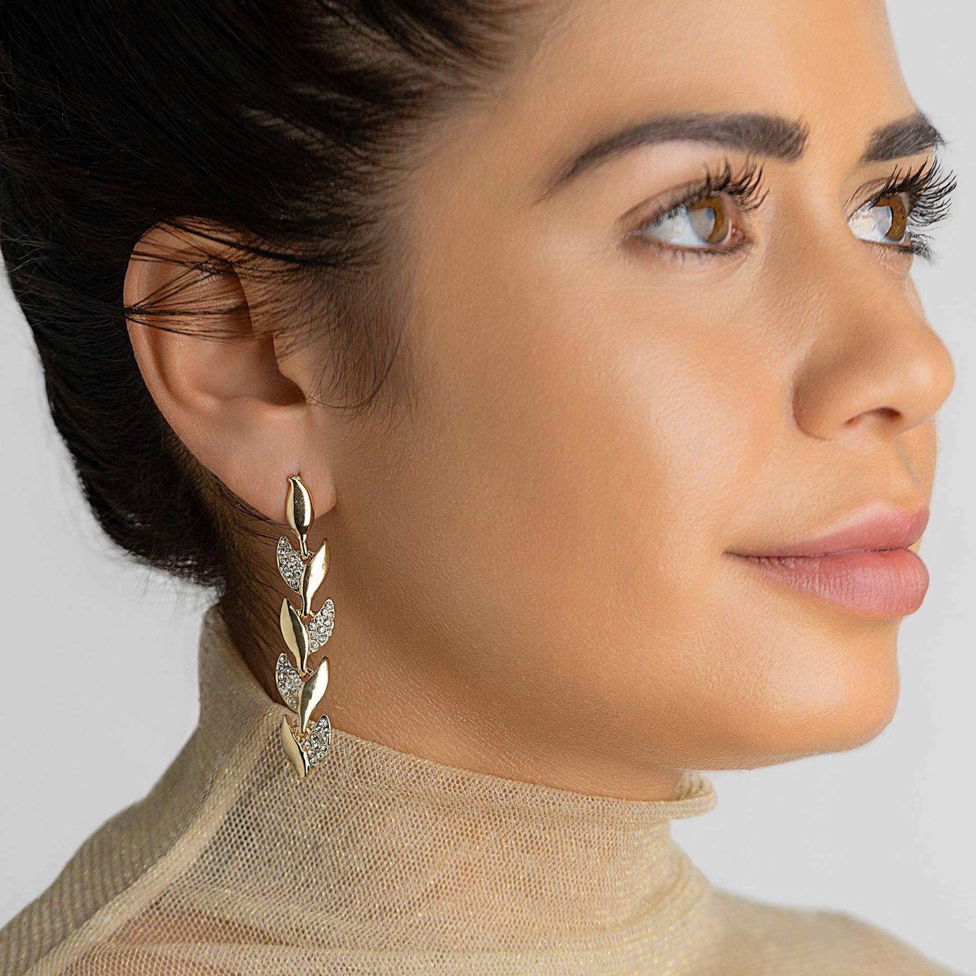 14K Gold Plated Crystal Leaf Earrings