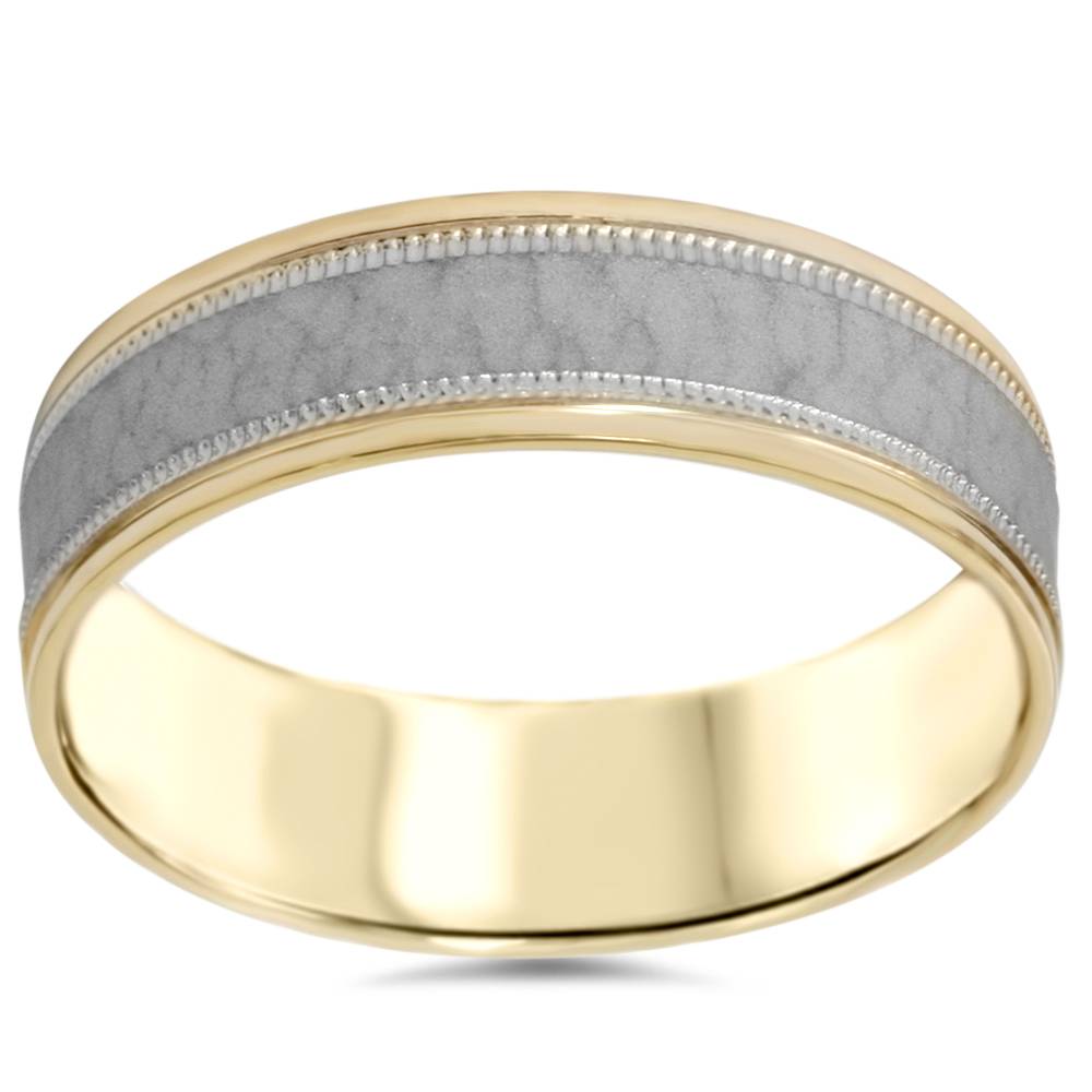 Hammered Two Tone Wedding Band 14K Gold 6mm Flat