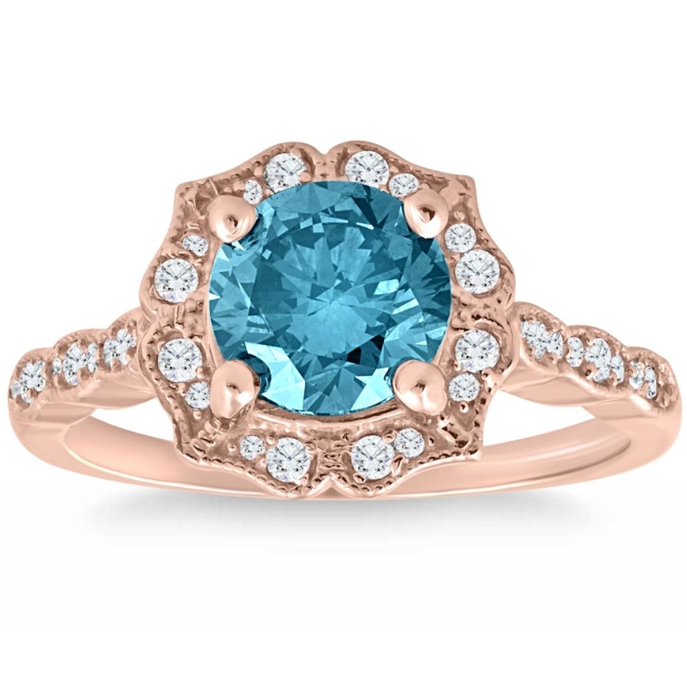 2 ct TW Blue & White Diamond Halo Vintage Engagement Ring 14k Rose Gold