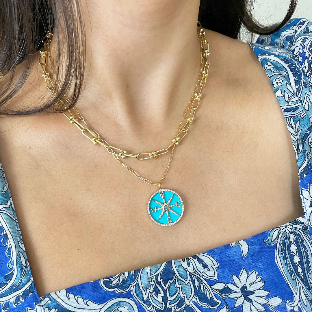 Turquoise And Diamond Halo Compass Charm