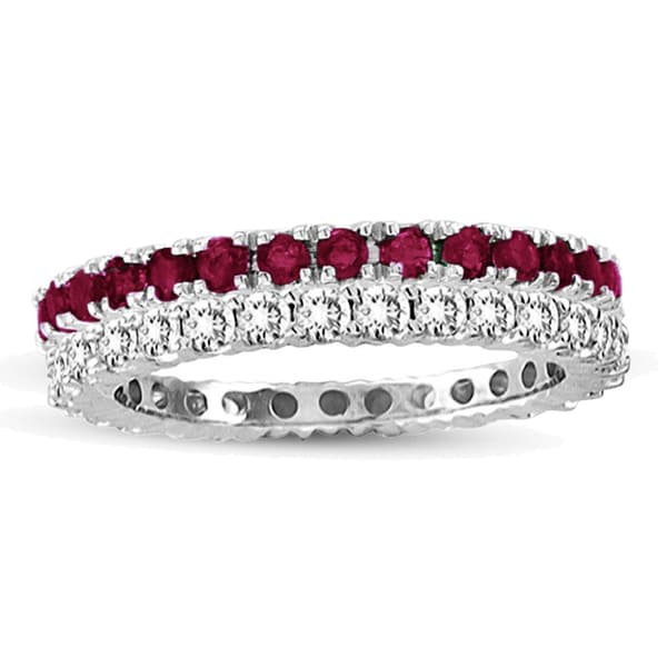 Suzy Levian 14k White Gold Ruby Diamond 2-piece Eternity Band Ring Set