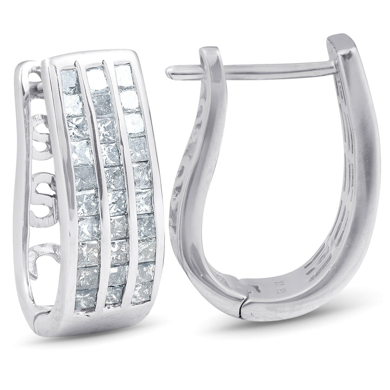 1 1/2 cttw Princess Cut Diamond Three Row Hoops 10K White Gold 3/4' Tall