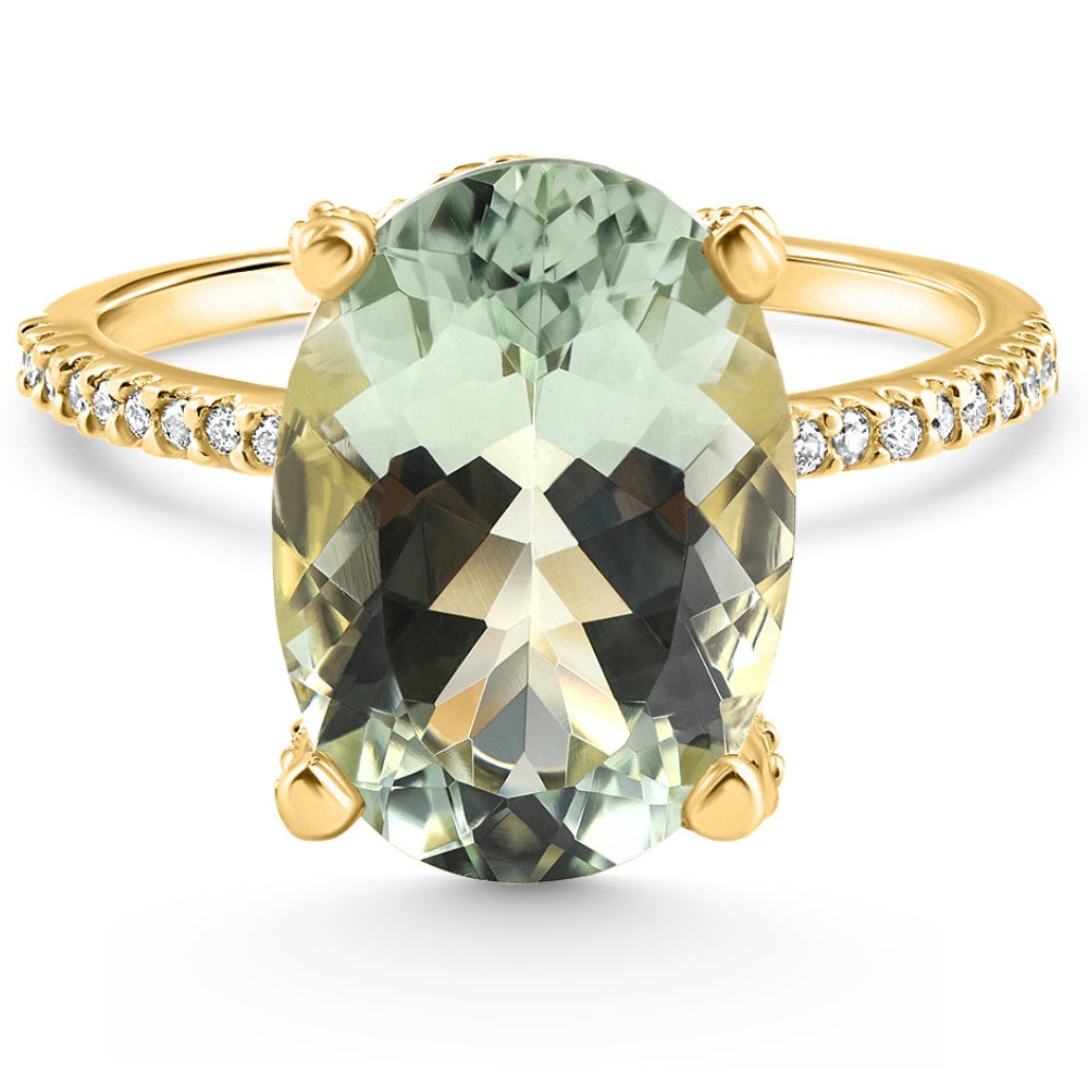 5 3/4 ct Oval Green Amethyst Diamond Side Halo Ring 14k Yellow Gold Lab Grown