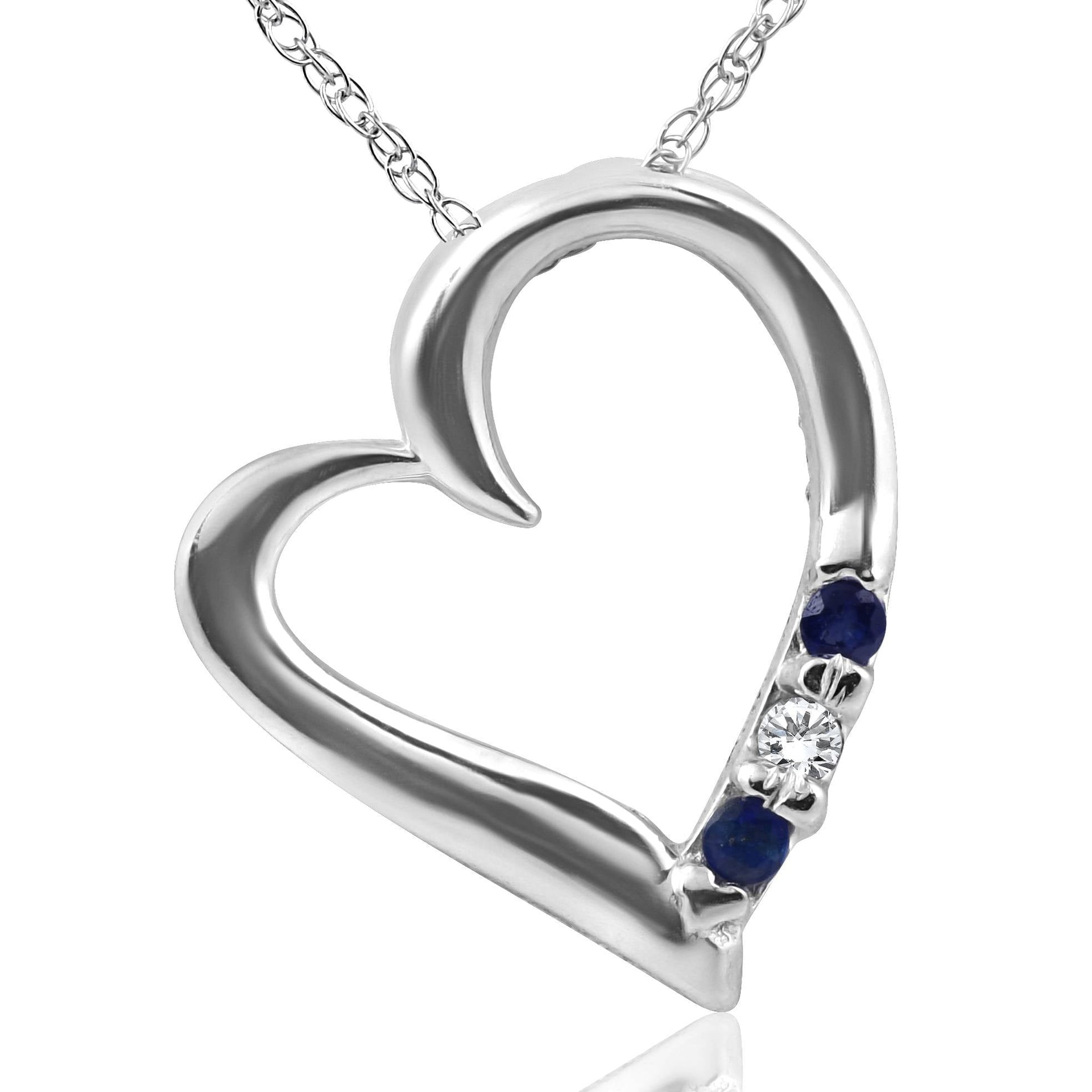 Diamond & Blue Sapphire Heart Pendant 3-Stone 14K White Gold with 18' Chain