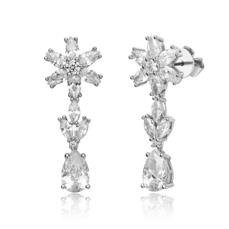 Sterling Silver with Clear Cubic Zirconia Cluster Snowflake Formal Dangle Earrings