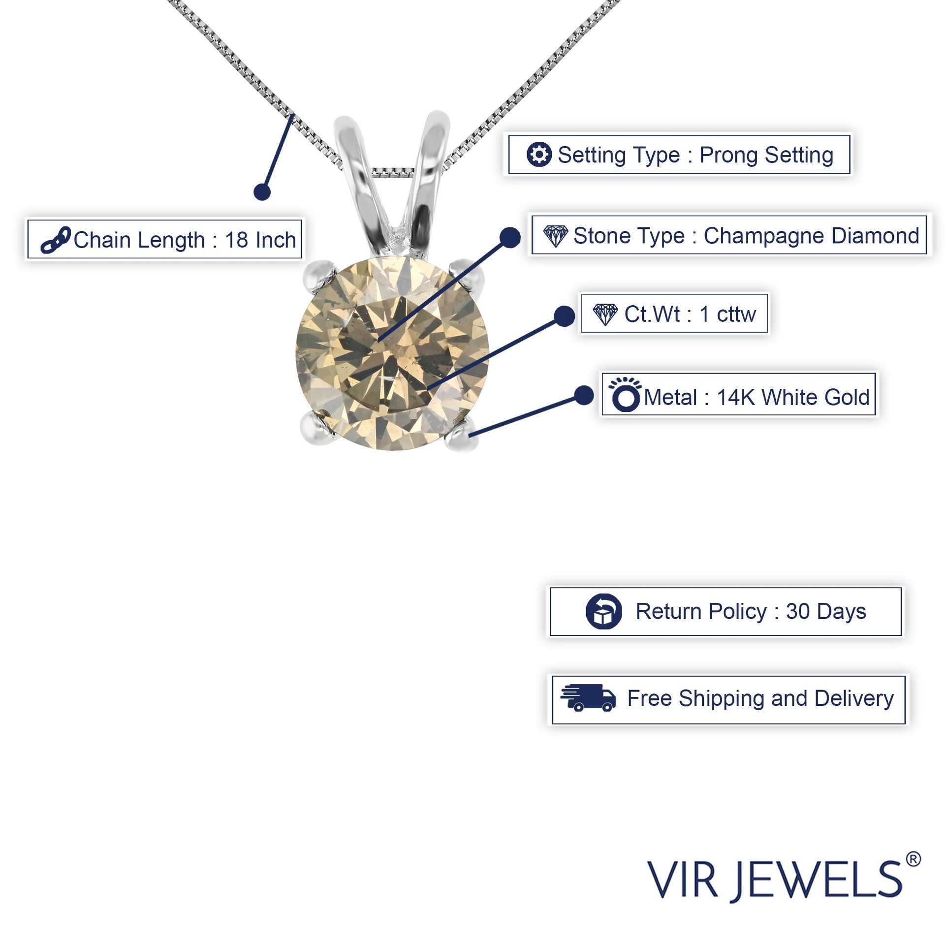 1 cttw Champagne Diamond Solitaire Pendant 14K White Gold Round with Chain