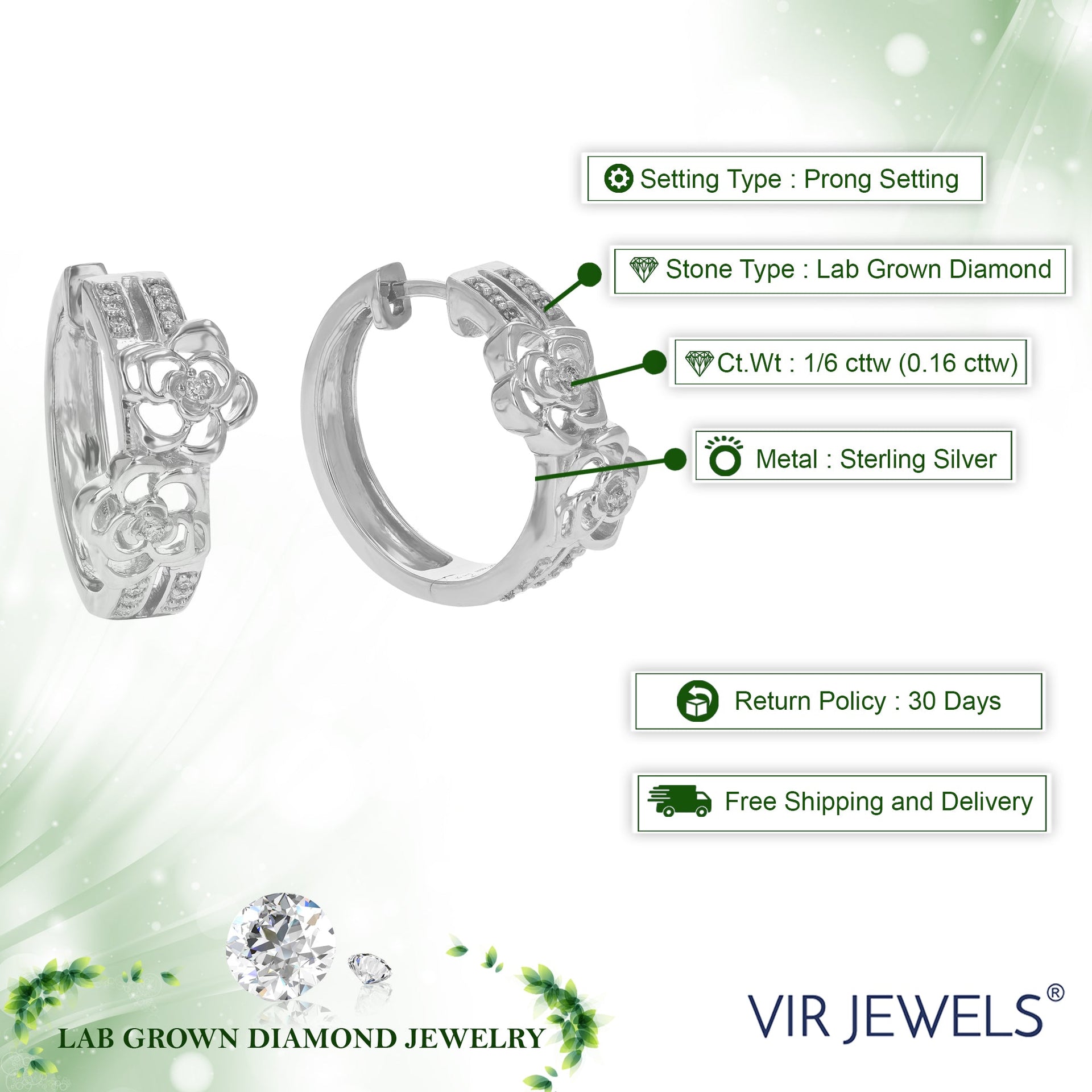 1/6 cttw Round Lab Grown Diamond Hoops .925 Sterling Silver Earrings Prong Set