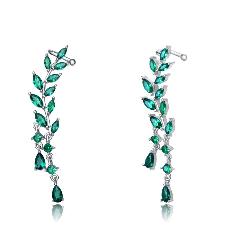 Sterling Silver With Rhodium Plated And Emerald Cubic Zirconia Stud Earrings