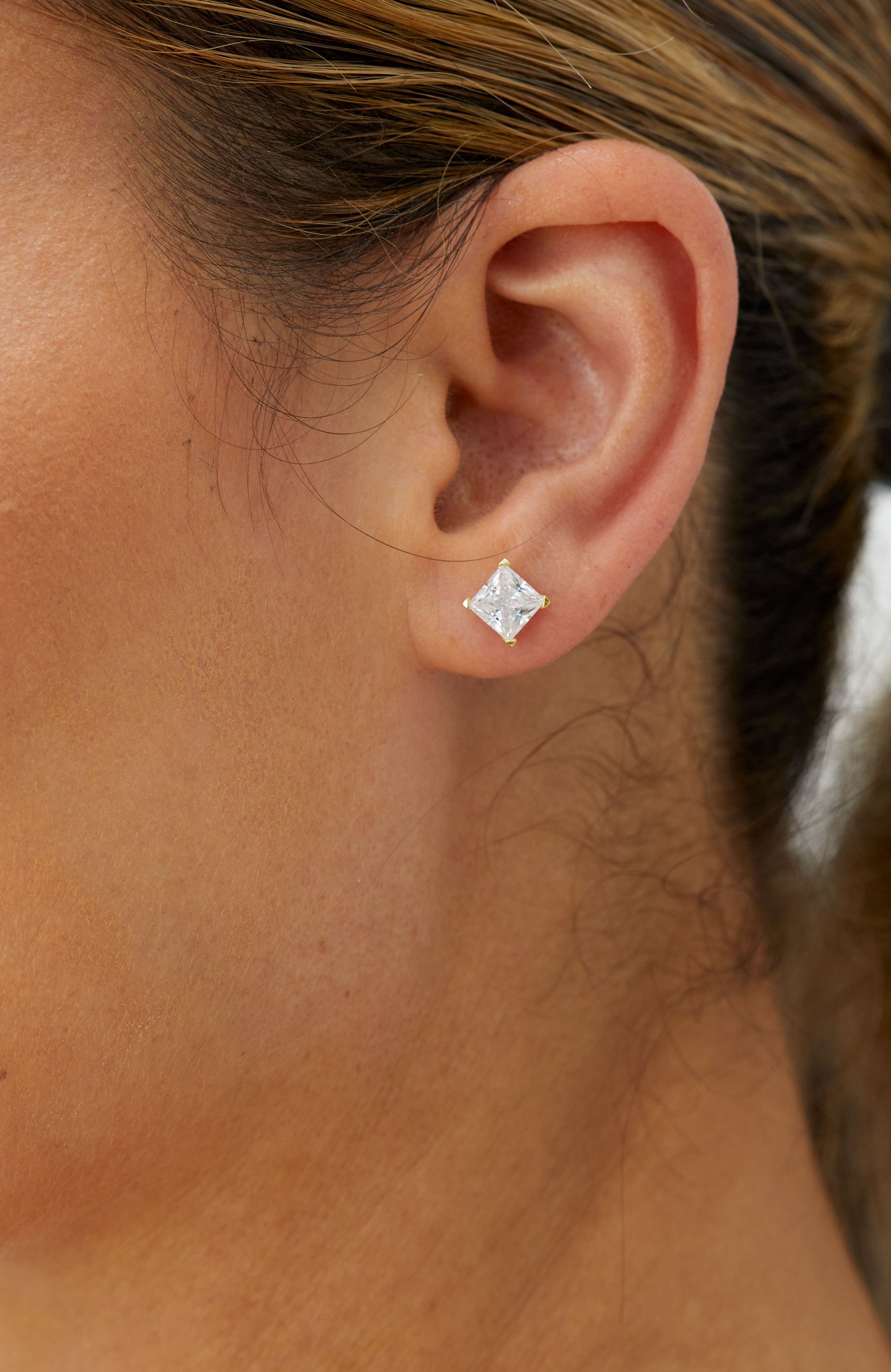 14KT Post And SS 6MM Princess Cut Stud Earrings