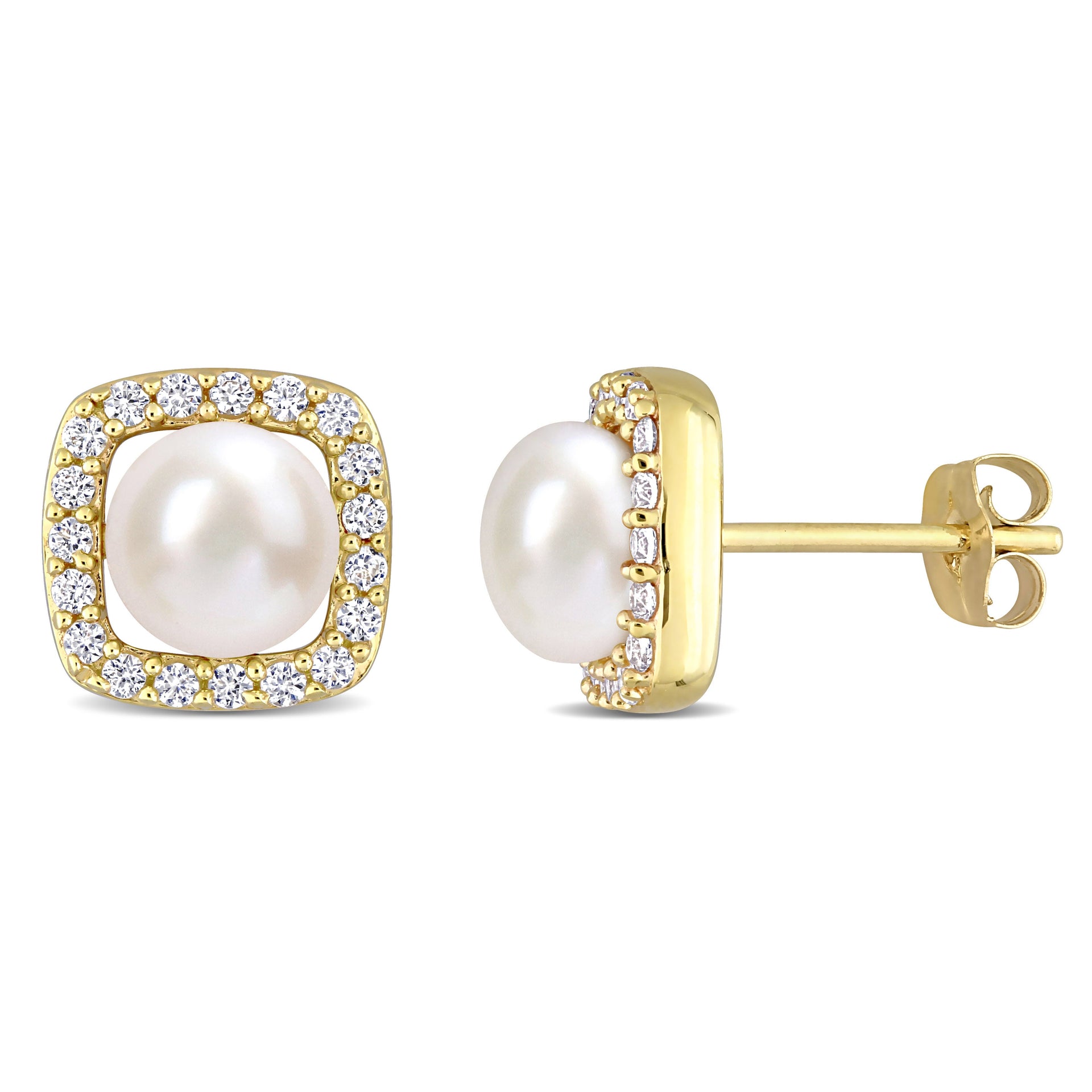 6-6.5mm Cultured Freshwater Pearl and 3/8 ct TW Created White Sapphire Halo Earrings in 10k Yellow Gold