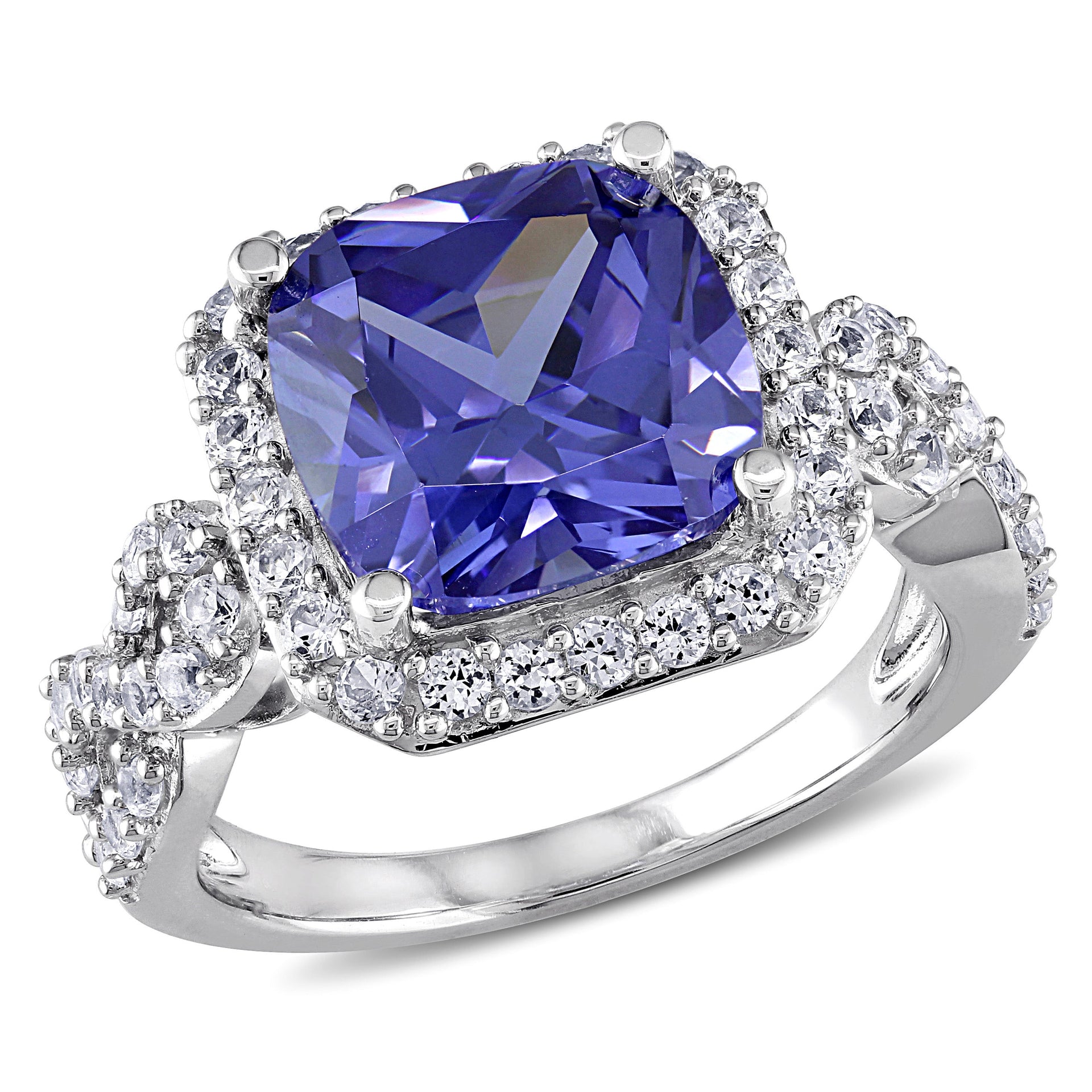 6 3/4 ct TW Cushion-Cut Simulated Tanzanite and Created White Sapphire Halo Ring in Sterling Silver