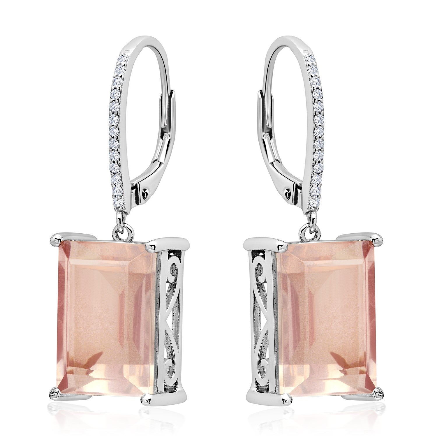 Emerald Cut Gemstone Quartz Dangle White Topaz Detail Leverback Earrings in Sterling Silver (14x10mm)