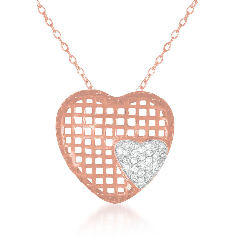 C.z. Sterling Silver Rose Plated Heart Shape Lace Pendant