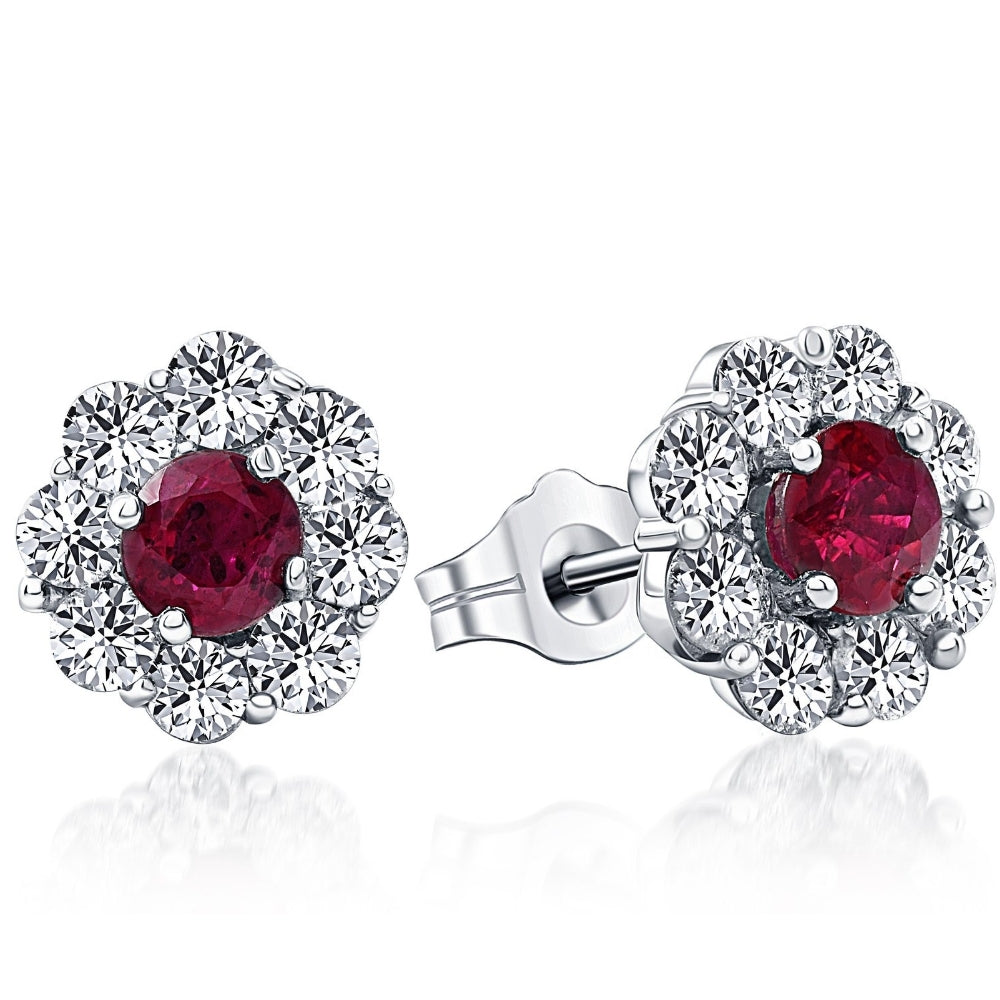 2 1/2 CT Genuine Ruby & Diamond Halo Studs Earrings 14K White Gold