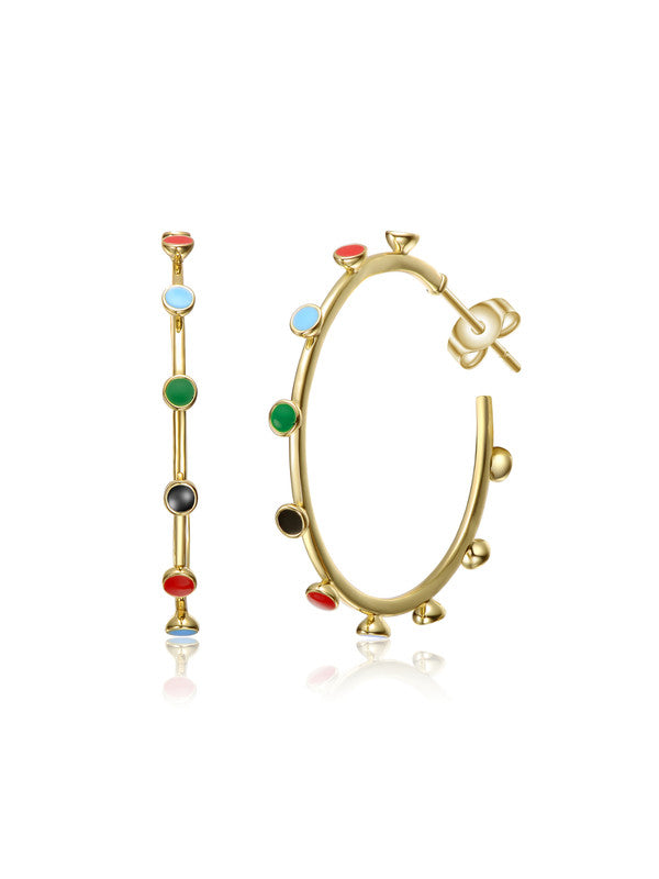 Sterling Silver 14k Gold Plated With Multi-color Enamel C-hoop Earrings