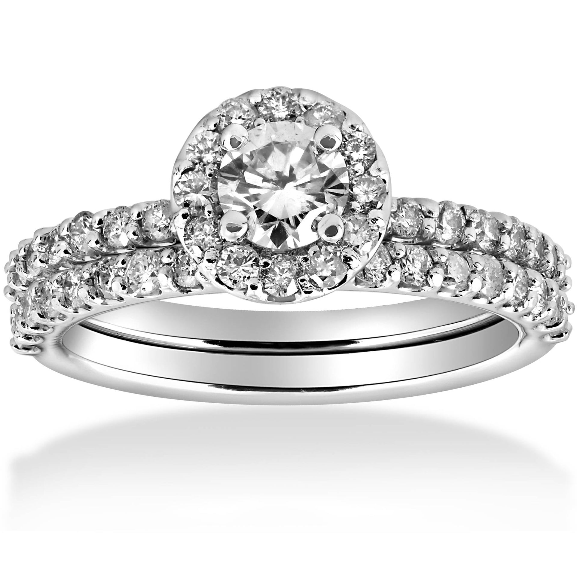 1 cttw Diamond Round Halo Engagement Wedding Ring Set 14k White Gold