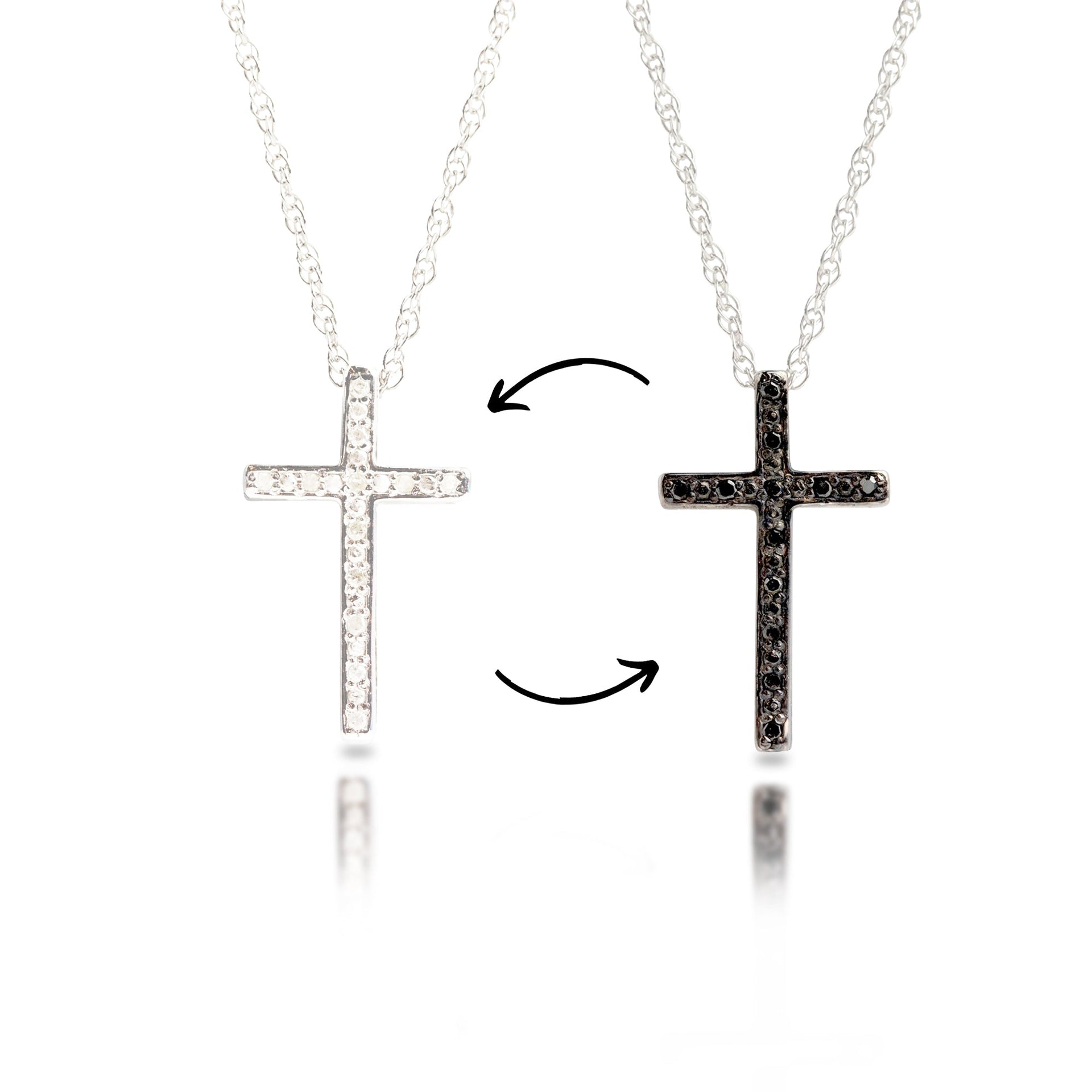 Sterling Silver Diamond Reversible White & Black Diamond Cross Necklace with Adjustable 18â€ or 20â€ Rope Chain