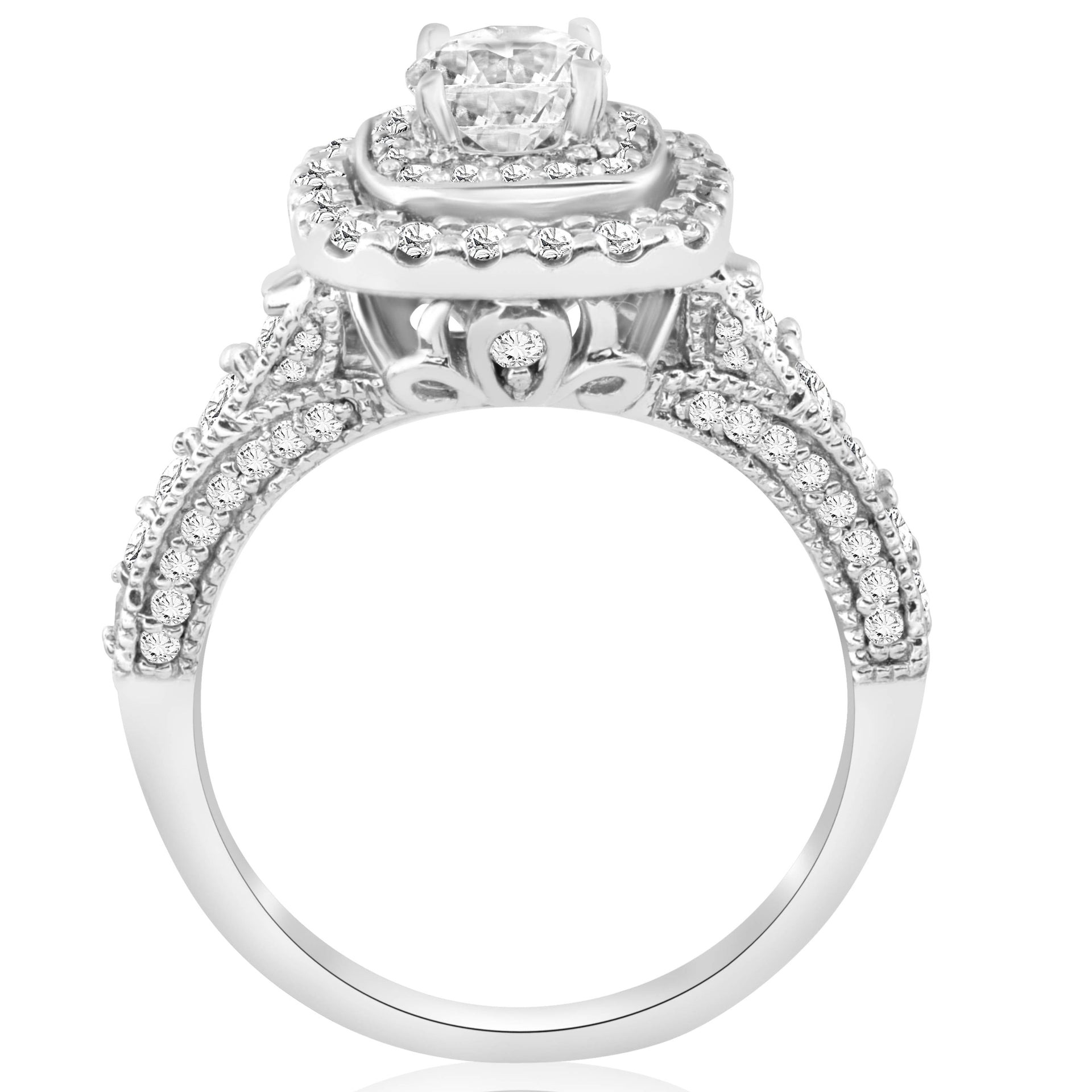 1 1/2ct Double Halo Cushion Vintage Diamond Engagement Ring 14K White Gold