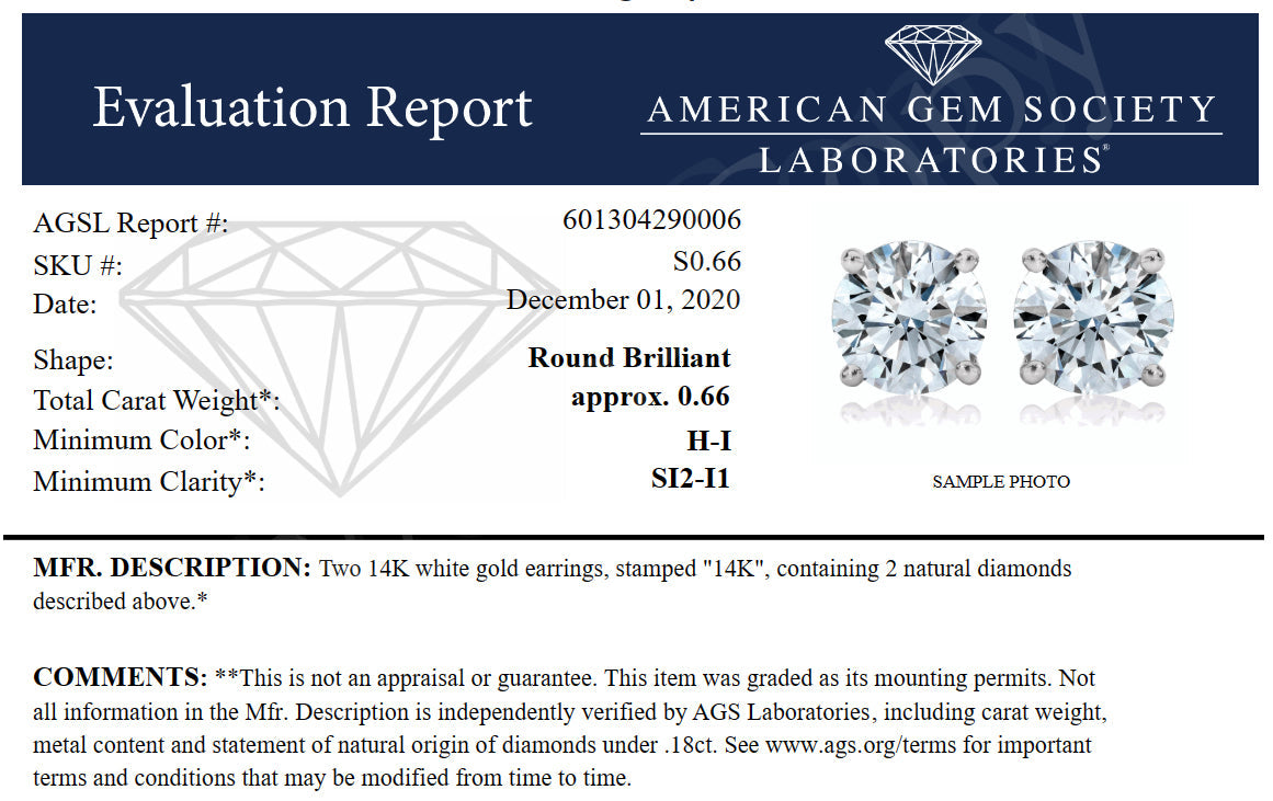 2/3 cttw SI2-I1 Certified Diamond Stud Earrings 14K White Gold Round Screw Backs