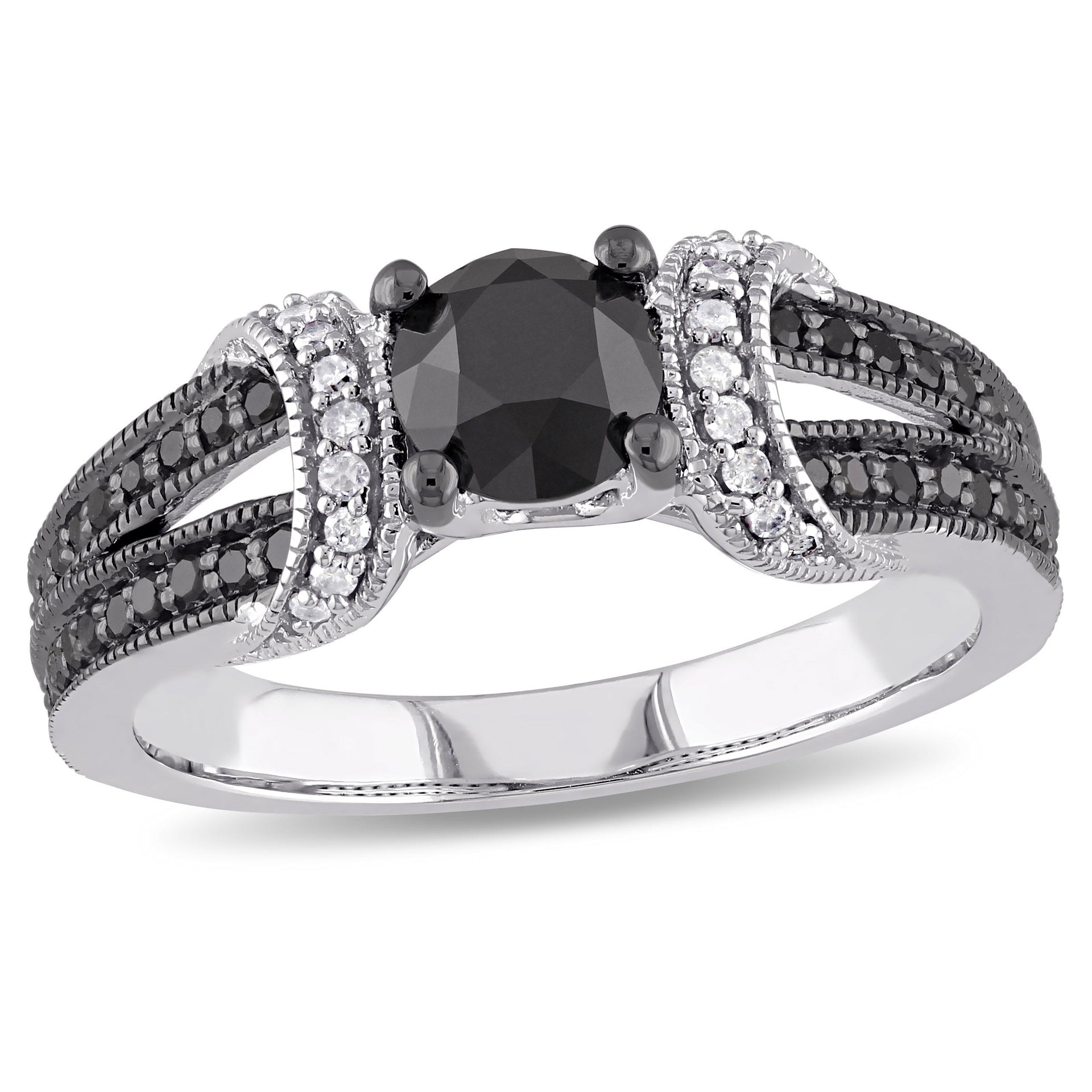 1ct TW Black and White Diamond Split Shank Vintage Engagement Ring in 10k White Gold