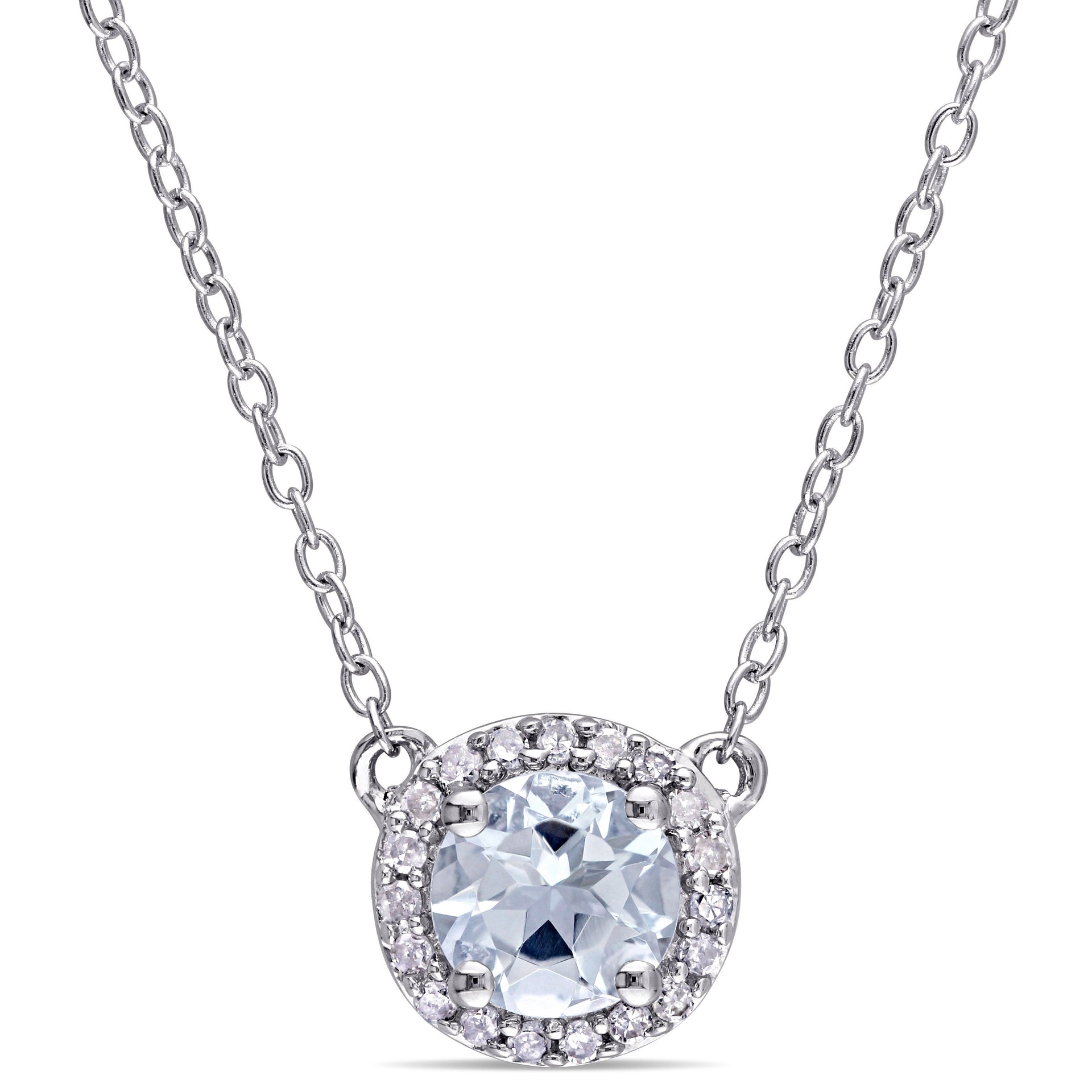 Mimi & Max 1/10ct TW Diamond and Aquamarine Halo Necklace in Sterling Silver