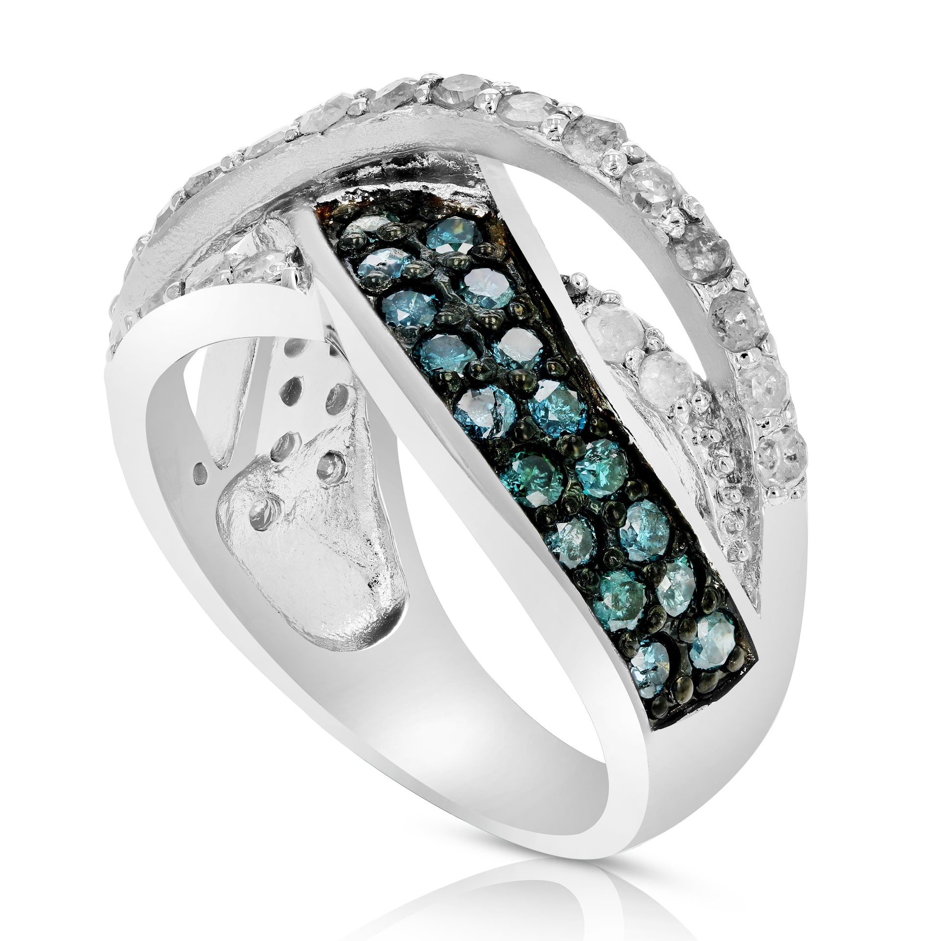1.20 cttw Blue and White Diamond Ring .925 Sterling Silver with Rhodium