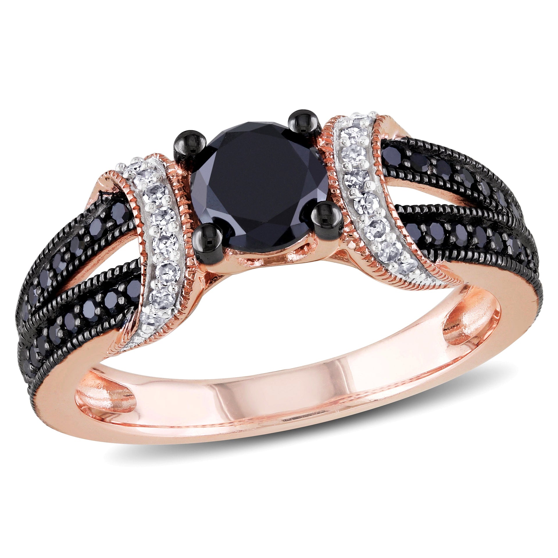 1ct TW Black and White Diamond Double Band Engagement Ring in 10k Rose Gold with Black Rhodium