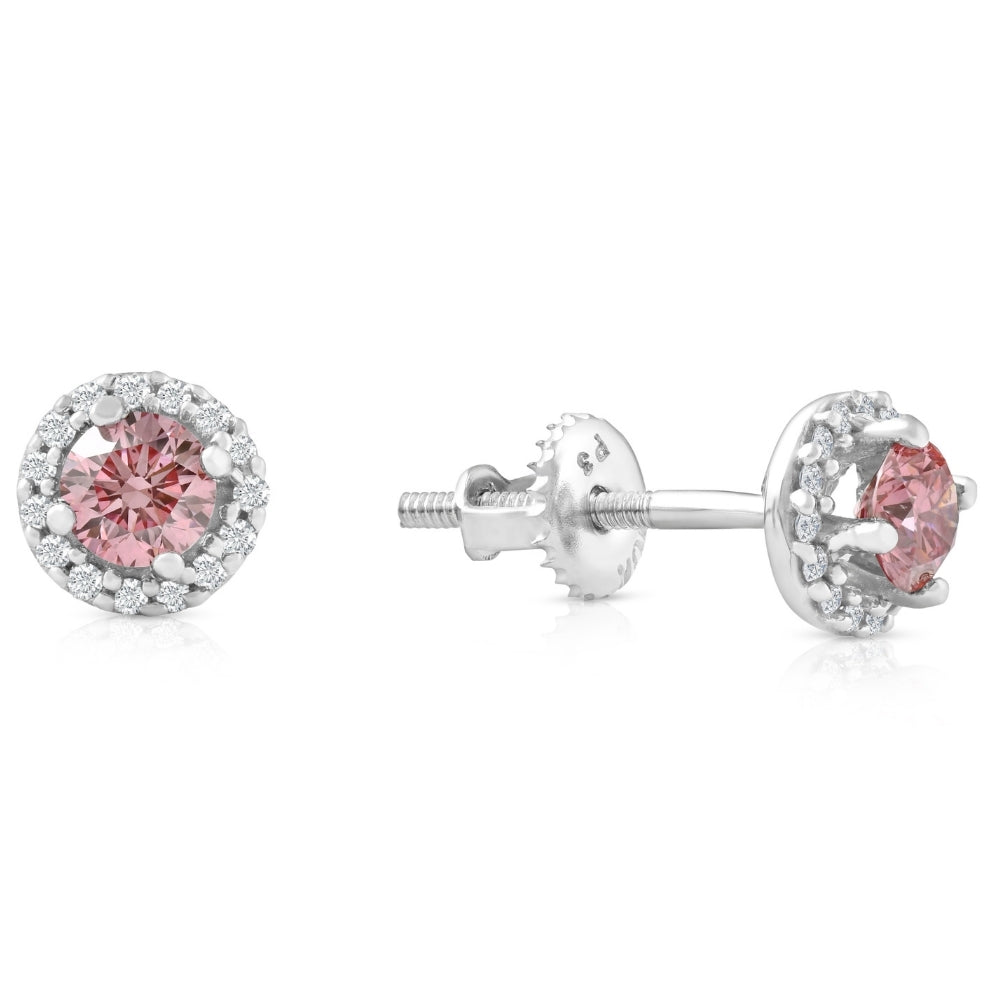 1/2 Ct Halo Pink Diamond Lab Grown Diamond Studs White Gold Screw Back Earrings