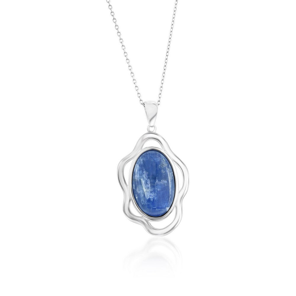 Sterling Silver Oval Kyanite Wavy Design Pendant Necklace