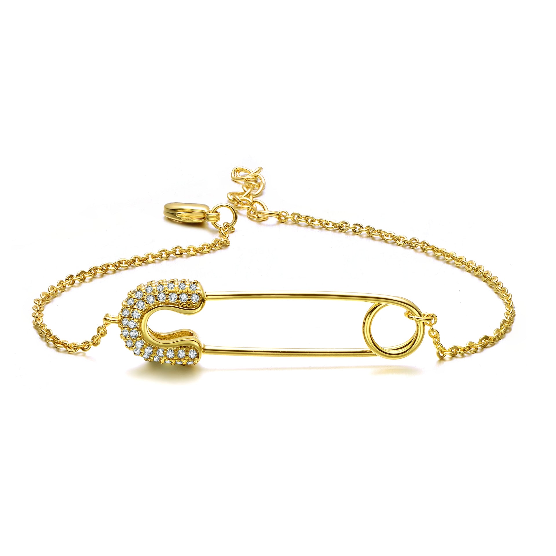Ga Sterling Silver 14k Gold Plated Clear Cubic Zirconia Pin Adjustable Bracelet