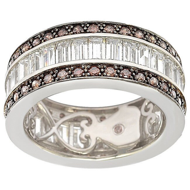 Suzy Levian Sterling Silver Cubic Zirconia Brown and White Baguette Eternity Band
