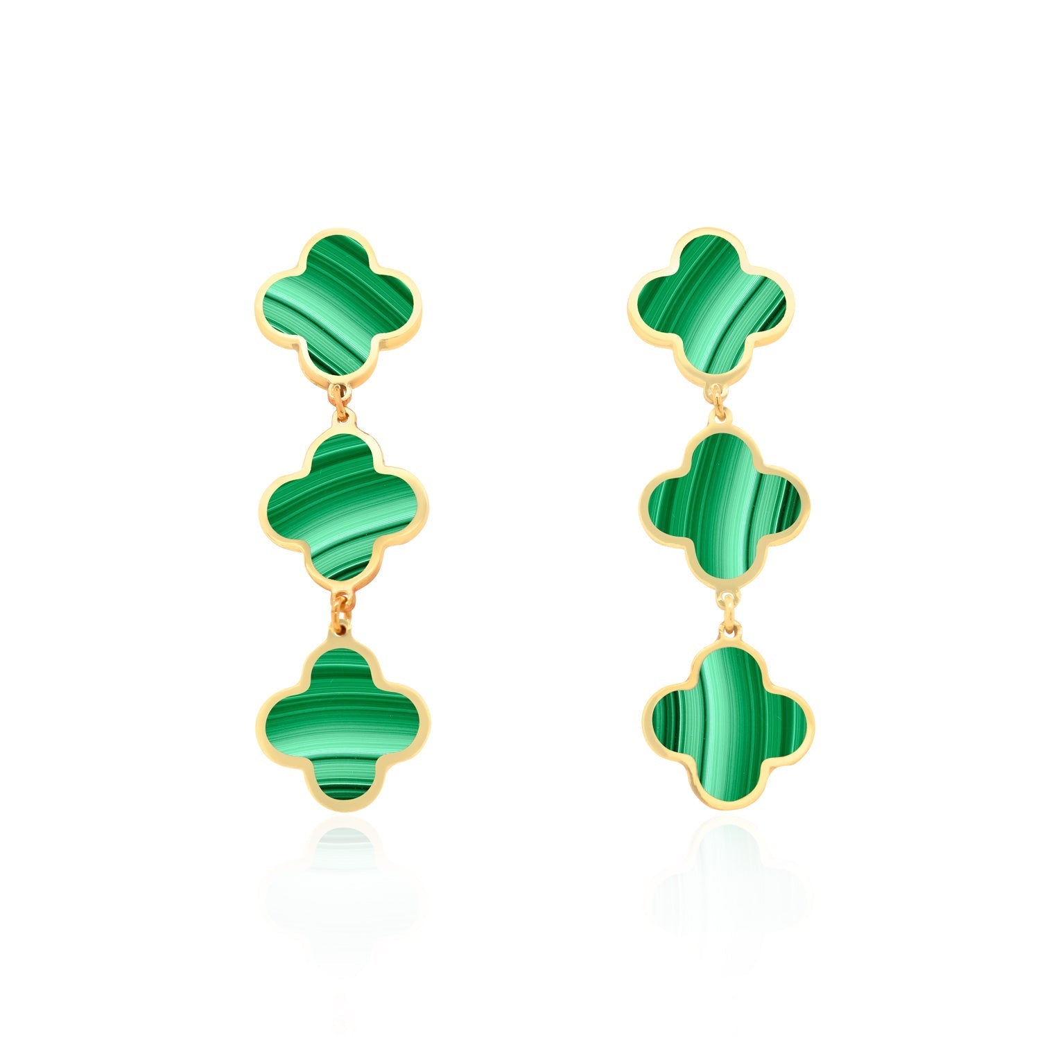 Malachite Clover Dangle Earrings 1.25 Inches
