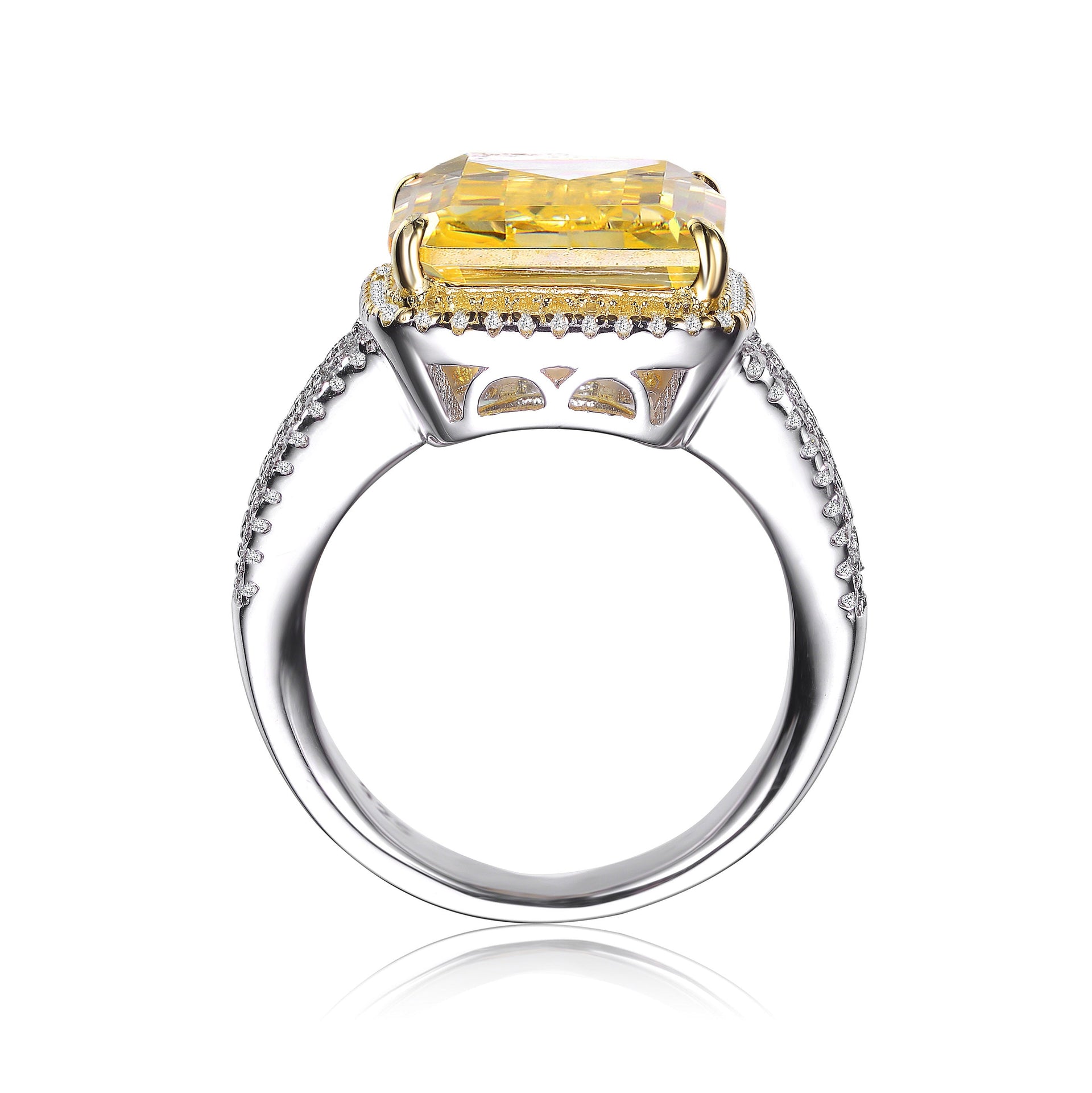 Sterling Silver Yellow Asscher Cubic Zirconia Triple Pave Ring