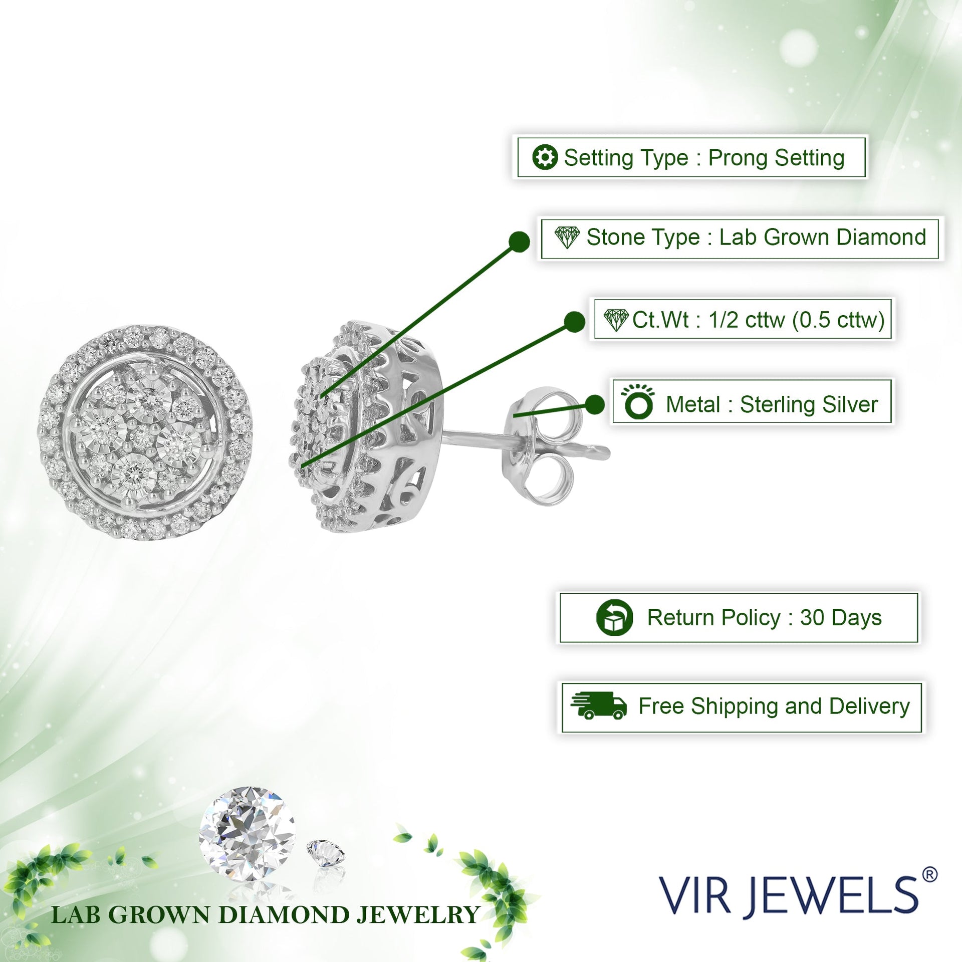 1/2 cttw Round Lab Grown Diamond Stud Earrings .925 Sterling Silver Prong Set Push Backs