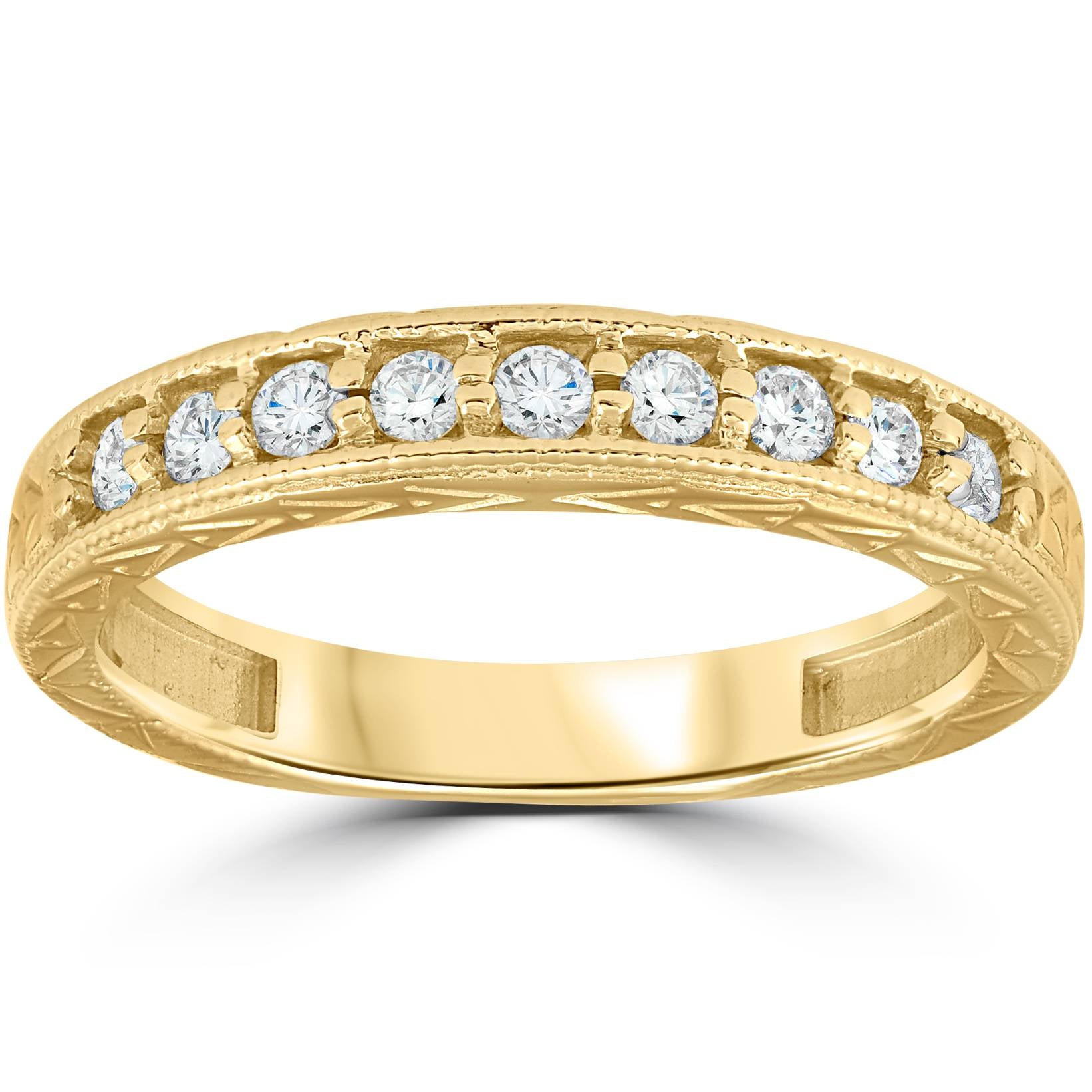 1/4ct Hand Engraved 14k Yellow Gold Diamond Wedding Ring