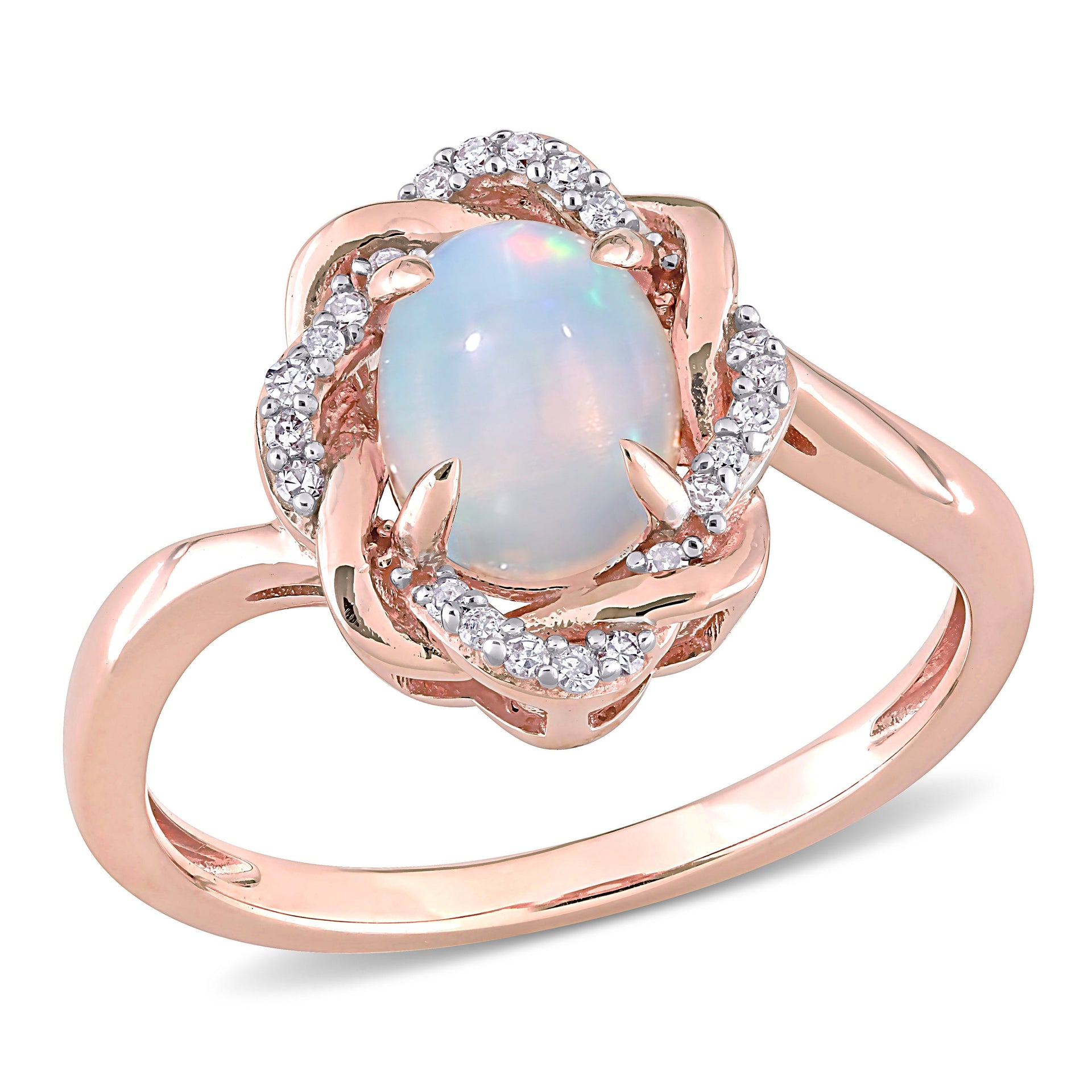 3/4 CT TGW Ethiopian Blue Opal and 1/10 CT TW Diamond Interlaced Halo Ring in 10K Rose Gold