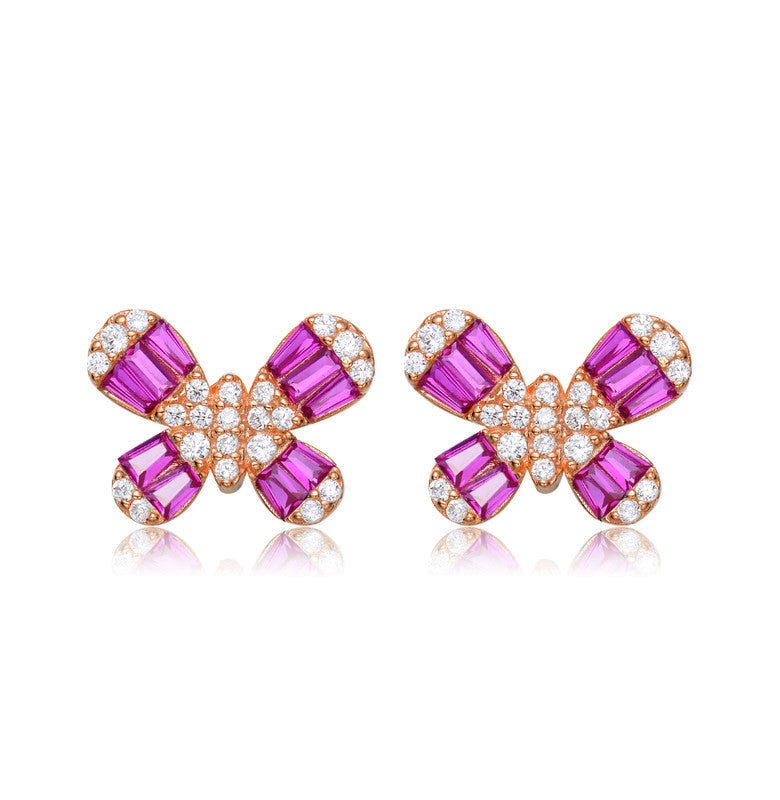 Ga Sterling Silver With Rose Gold Plated Red Baguette And Clear Round Cubic Zirconia Butterfly Stud Earrings