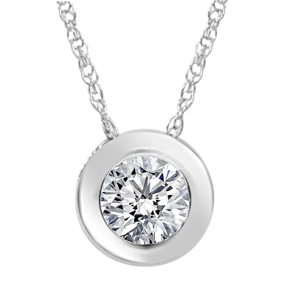 3/4ct Round Bezel Solitaire Diamond Pendant Necklace 14K White Gold