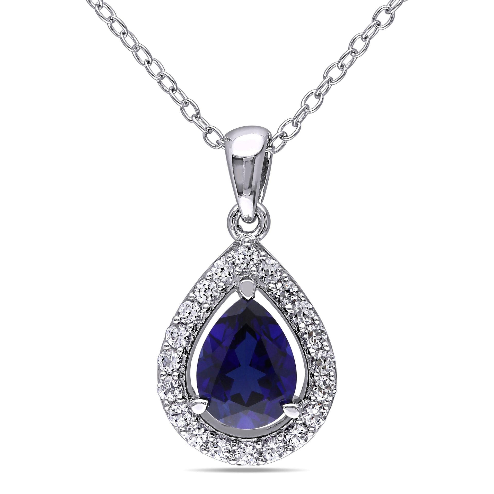 2 1/5 CT TGW Created Blue and Created White Sapphire Teardrop Halo Pendant with Chain in Sterling Silver
