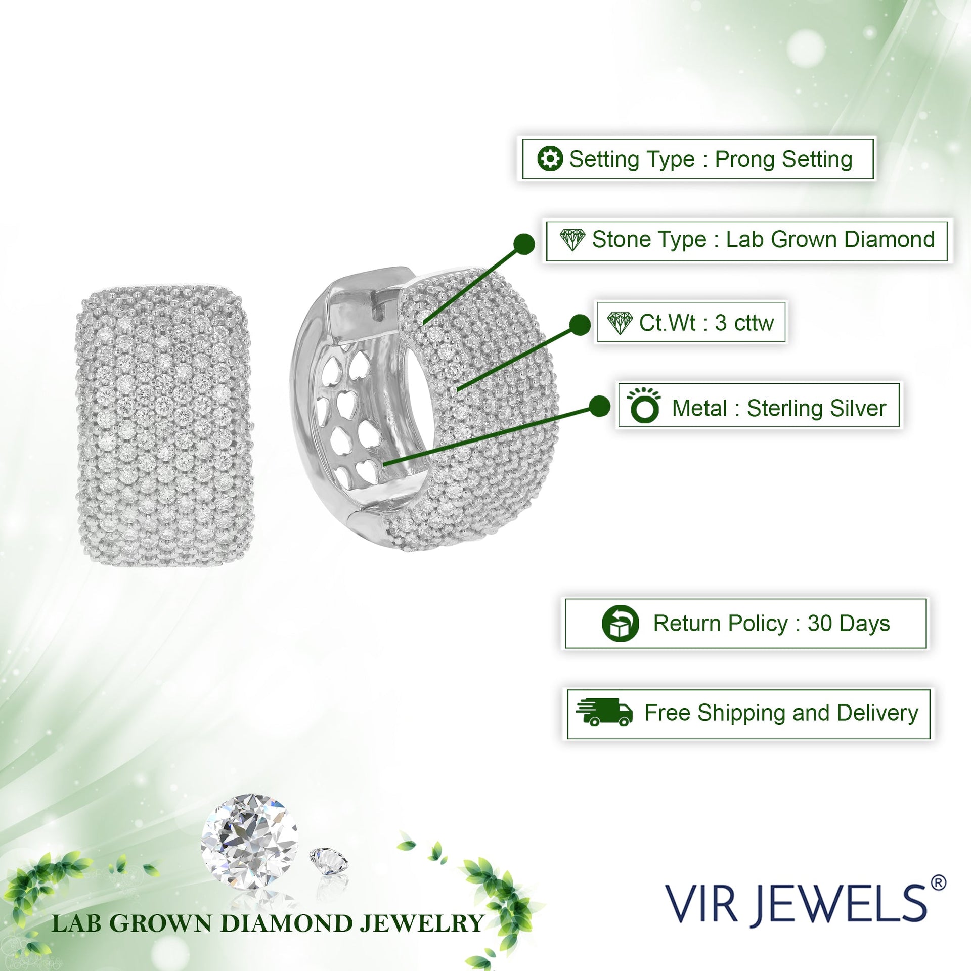 3 cttw Round Lab Grown Diamond hoop earrings .925 Sterling Silver Prong Set